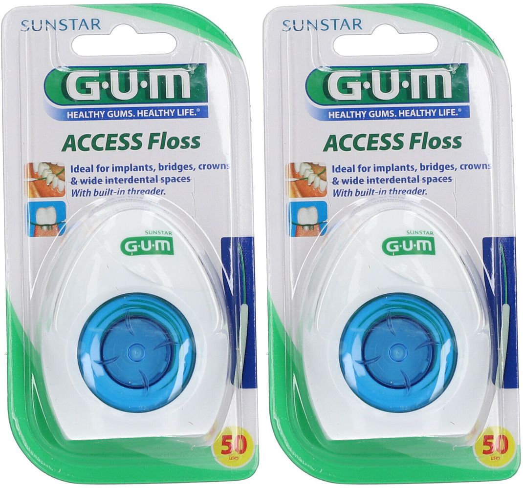 Deux paquets de fil dentaire GUM Access. Boîtiers blancs en plastique avec bouchon bleu. Inscription : GUM, Access Floss, 50 fils.