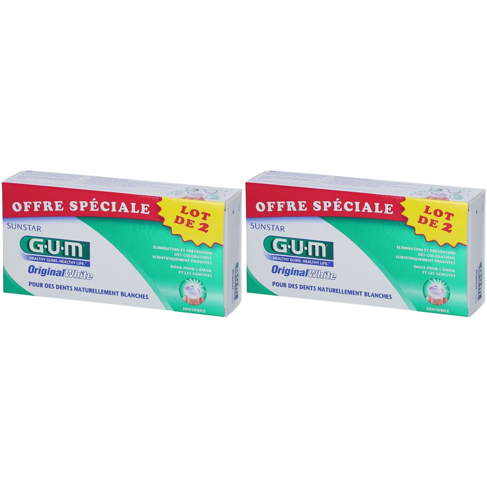 Zwei Kartons GUM Original White Zahnpasta. Aufschrift: OFFRE SPÉCIALE, LOT DE 2. Marke und Produktname deutlich sichtbar.