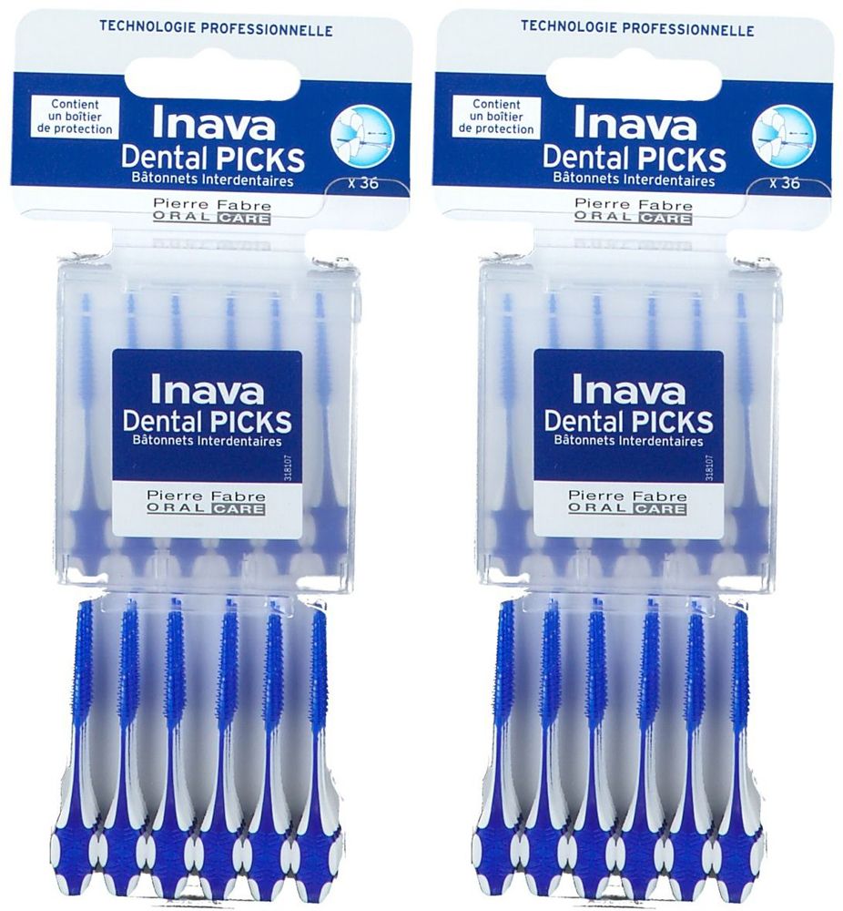 Deux paquets de Inava Dental PICKS. Brossettes interdentaires bleues dans emballage plastique transparent. 36 pièces.