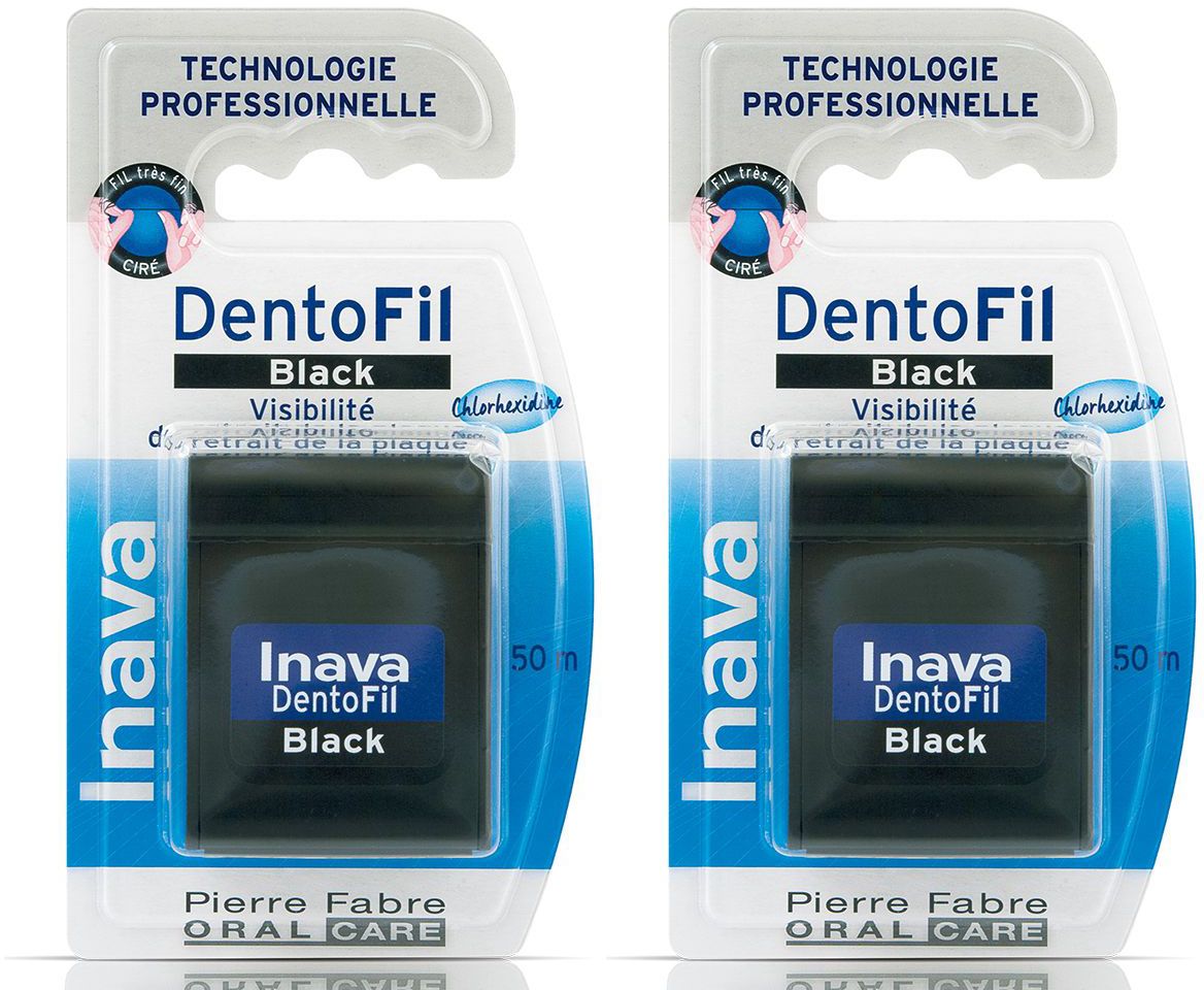 Deux paquets de fil dentaire noir. Inscription: Inava DentoFil Black, Visibilité, Chlorhexidine.