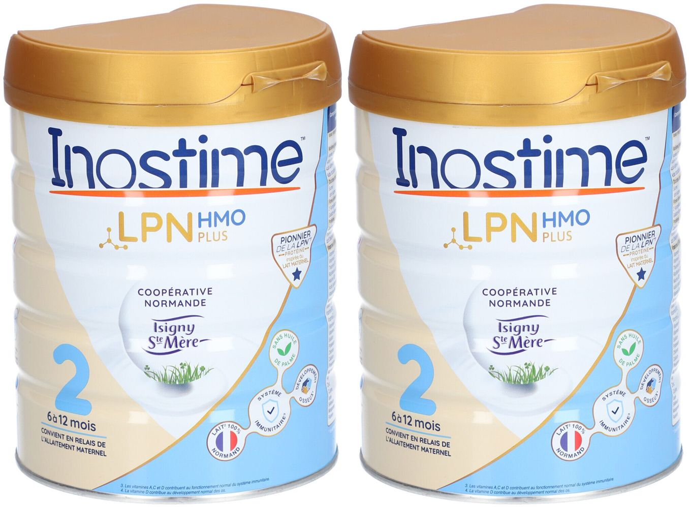 Deux boîtes de lait infantile. Inostime LPN HMO PLUS, 2, 6-12 mois. Couvercle doré, boîte bleue et crème.