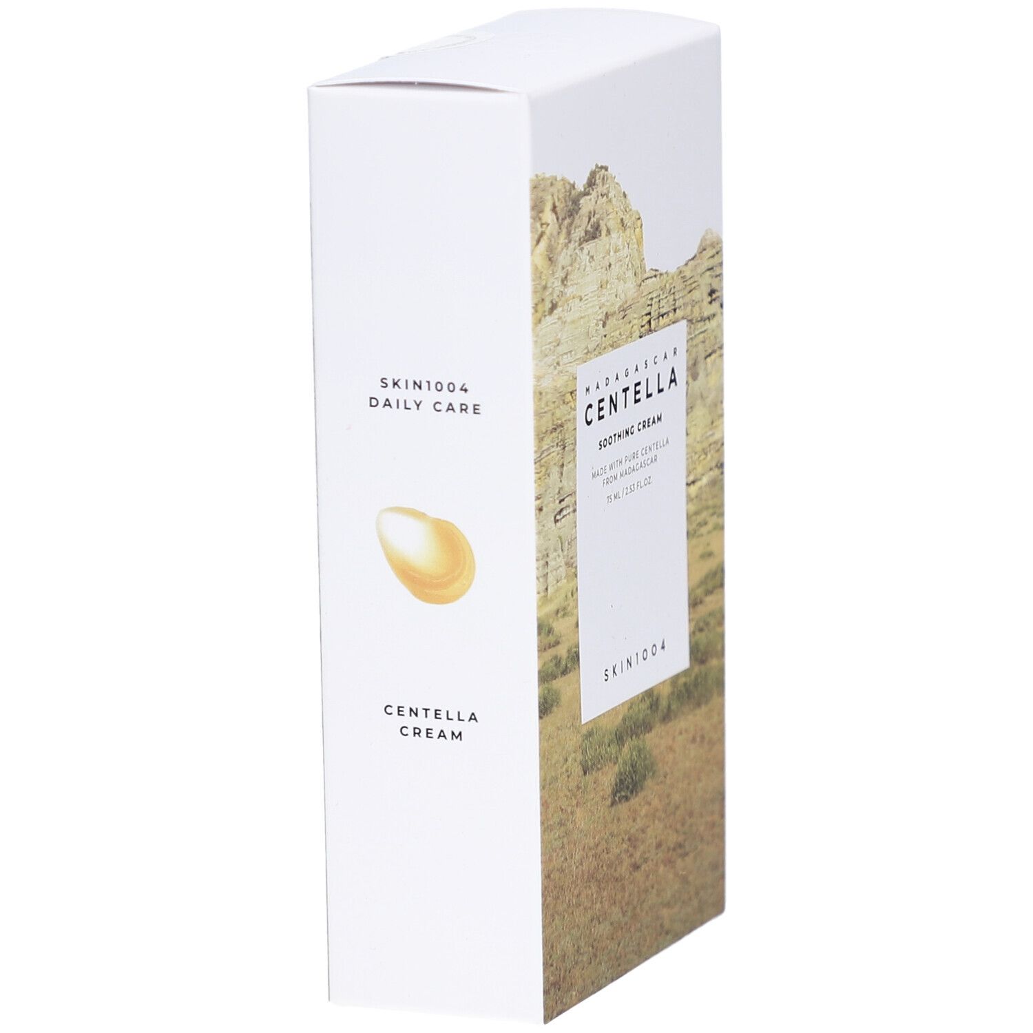 Weiße Verpackung mit Produktnamen und Landschaftsbild. Text: Centella Cream, SKIN1004.
