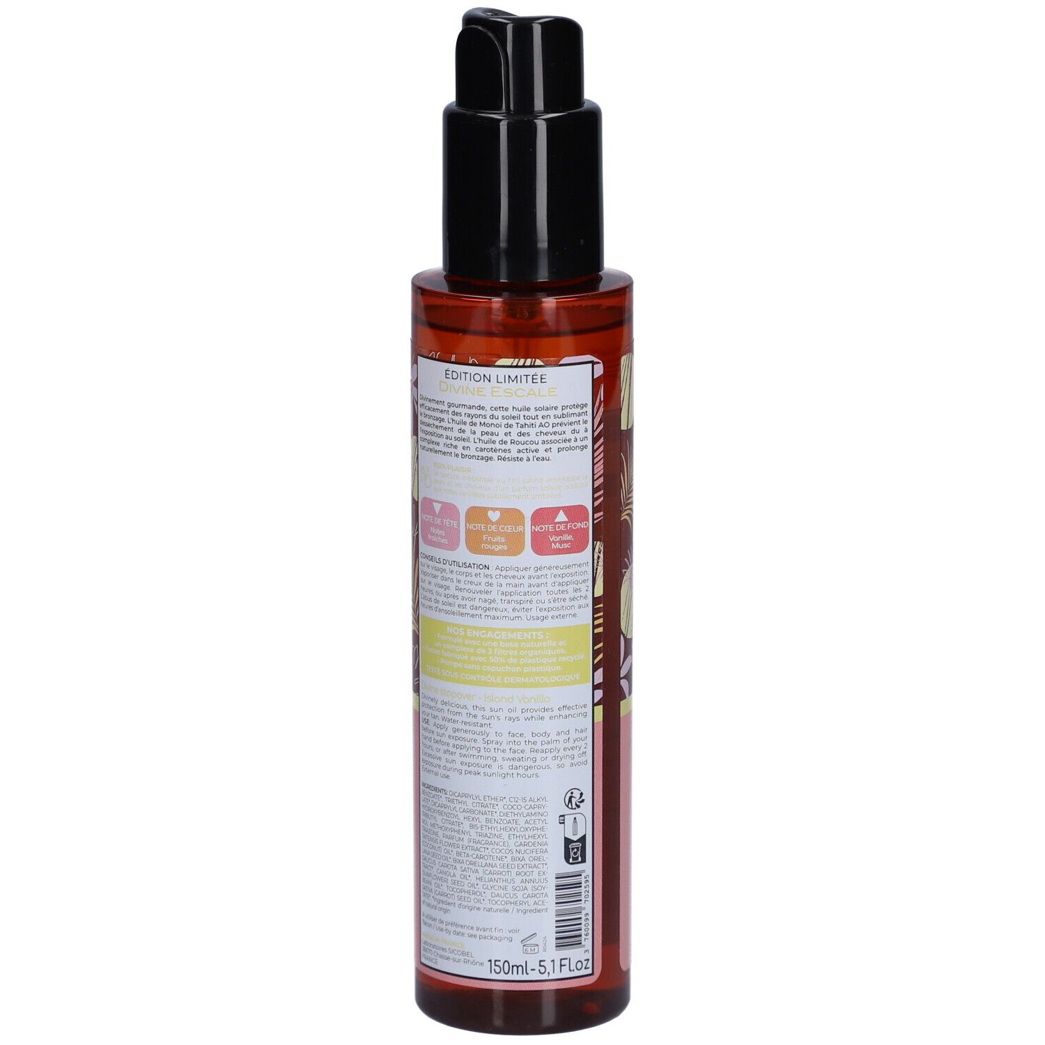 Flacon brun avec pompe noire. Inscription: OSMAE, Divine Escapade, Vanille des Iles, 150ml.