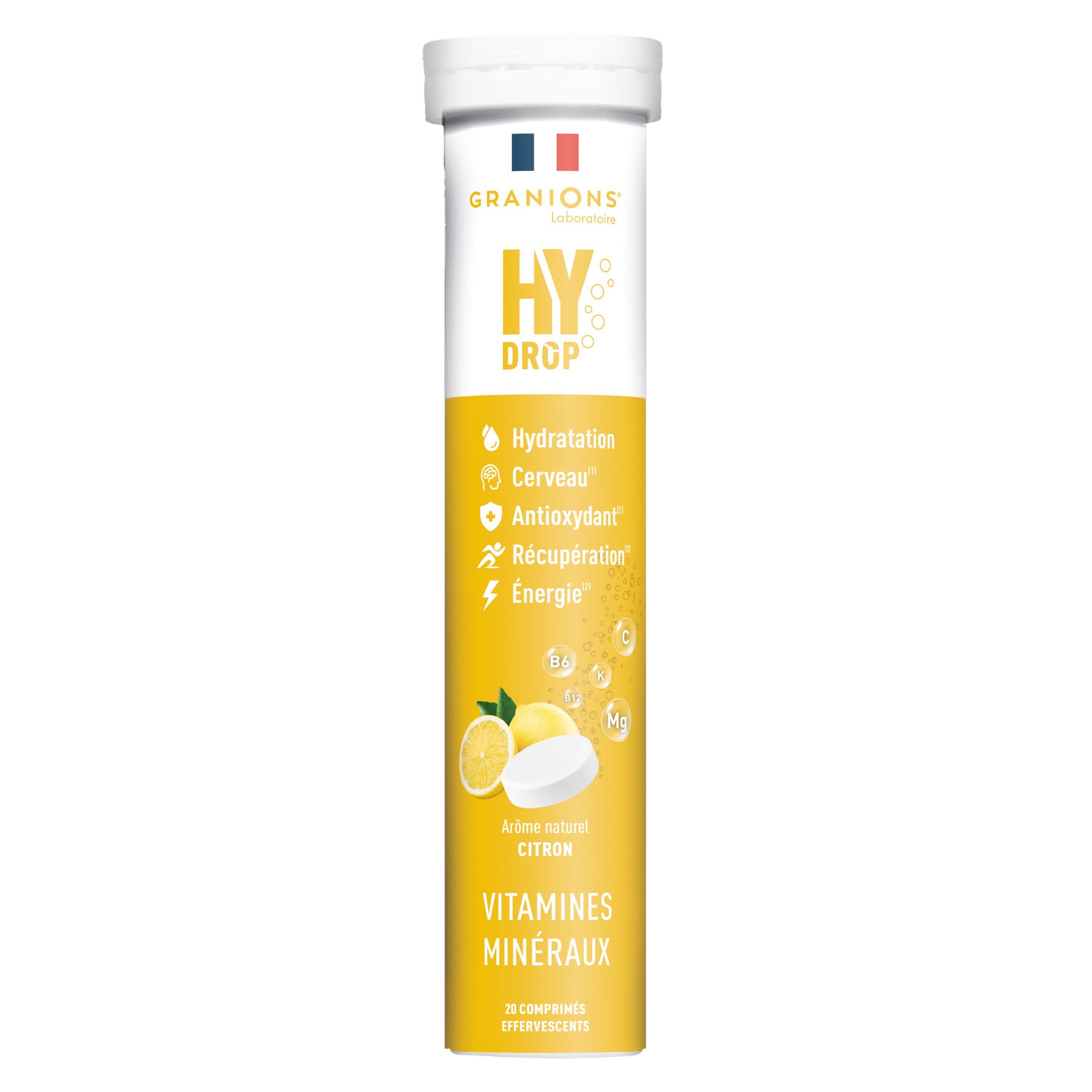 Tube jaune de comprimés effervescents. Inscription: HYDROP, Vitamines Minéraux, Citron. Drapeau français.