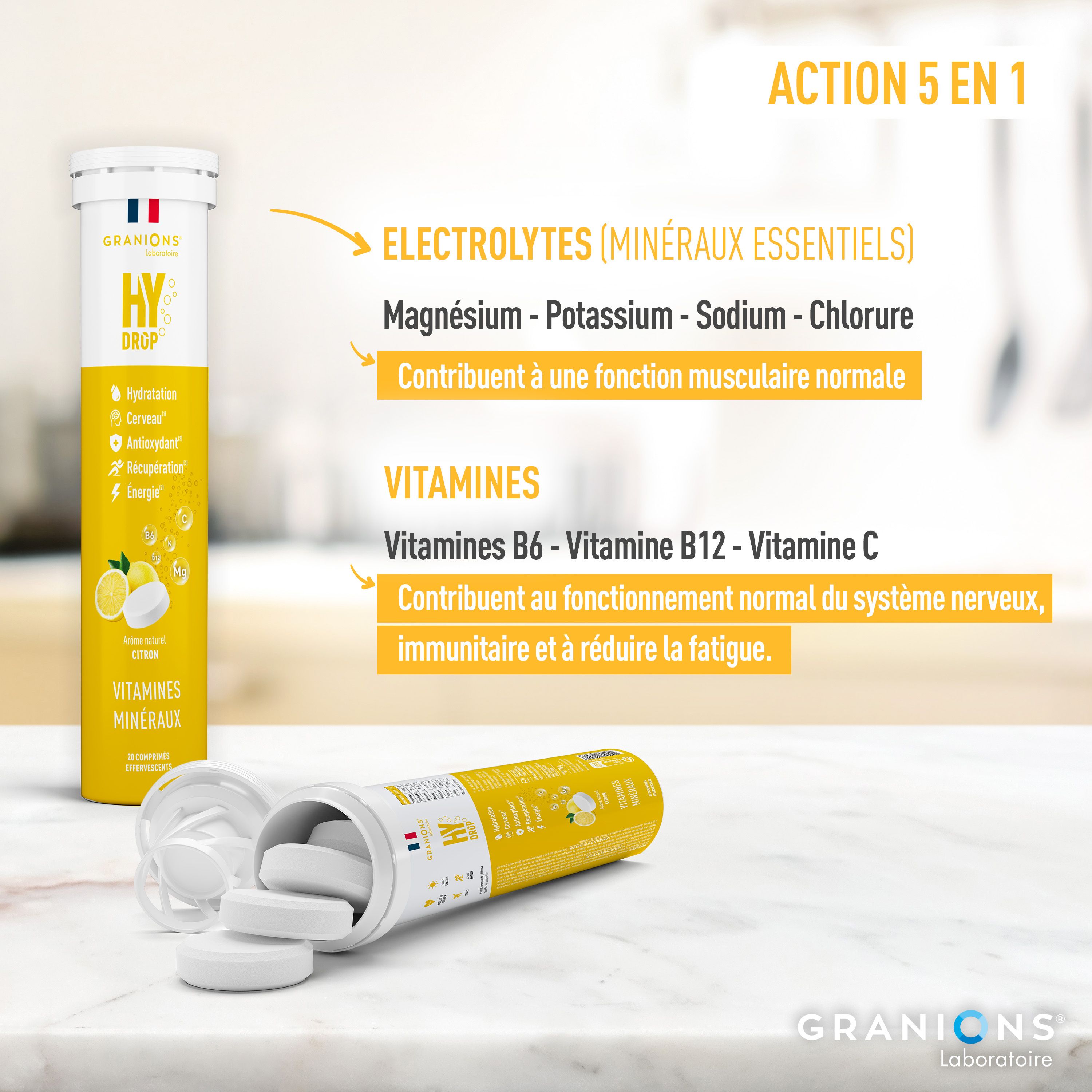Tube ouvert avec comprimés effervescents. Inscription: HYDROP, Vitamines, Minéraux. Ingrédients: Magnésium, Potassium, Sodium, Chlorure.