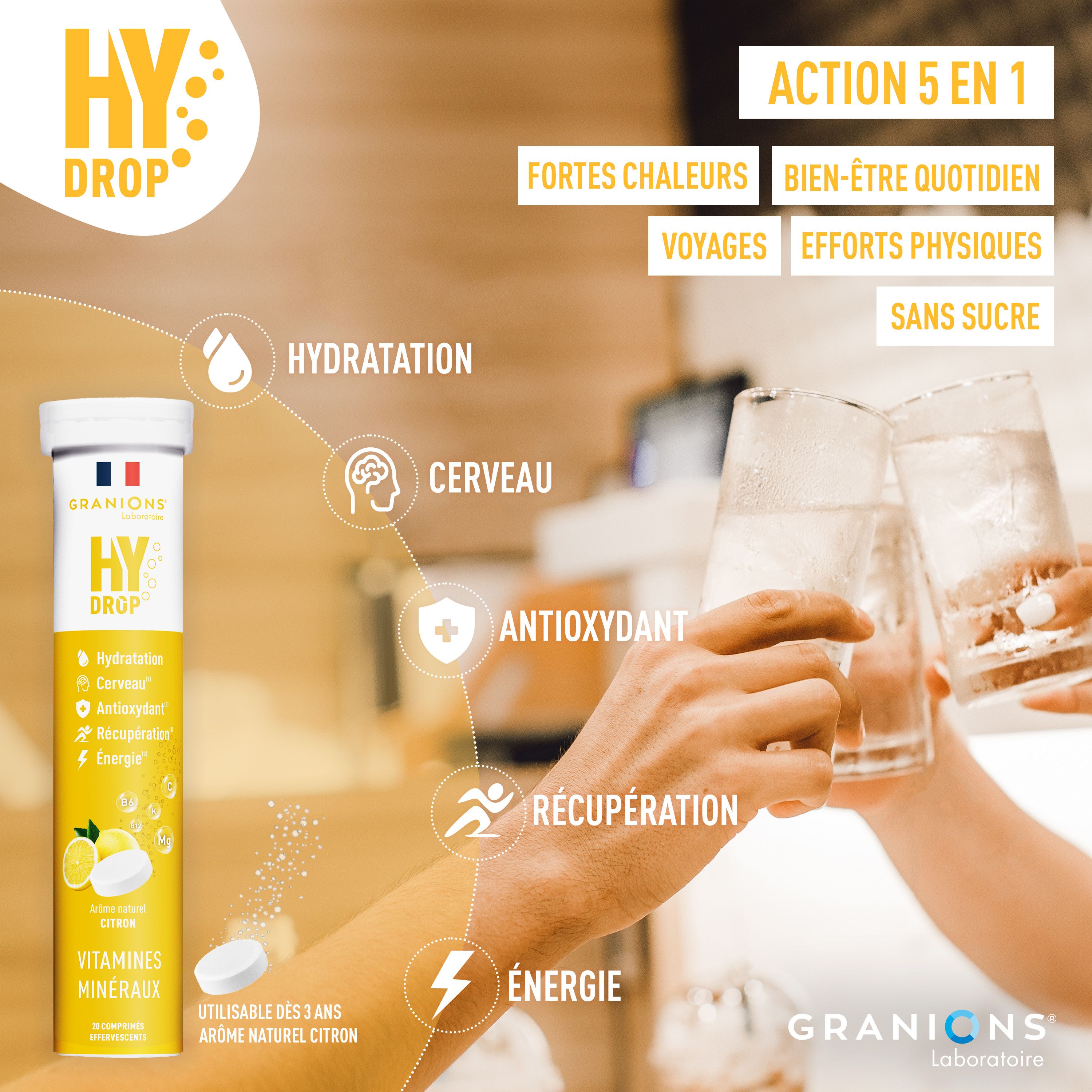 Personnes buvant dans des verres. Inscription: HYDROP, Vitamines Minéraux. Symboles d'hydratation, cerveau, antioxydant, énergie.