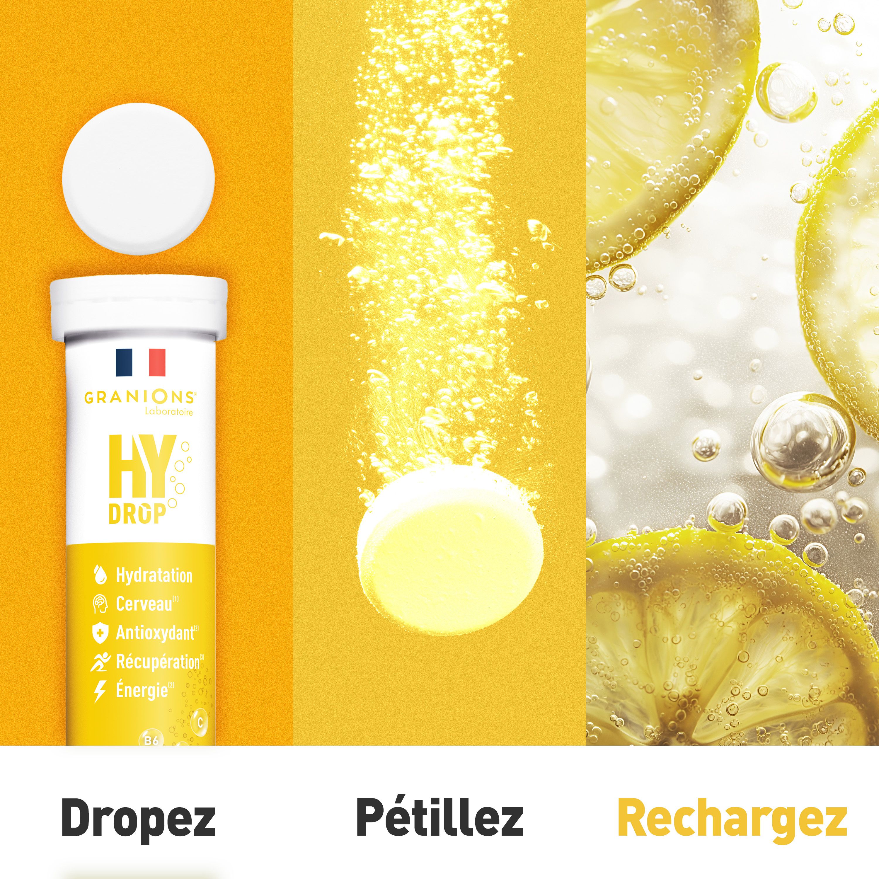 Comprimé effervescent se dissolvant dans l'eau. Inscription: HYDROP, Vitamines Minéraux. Citron et bulles.