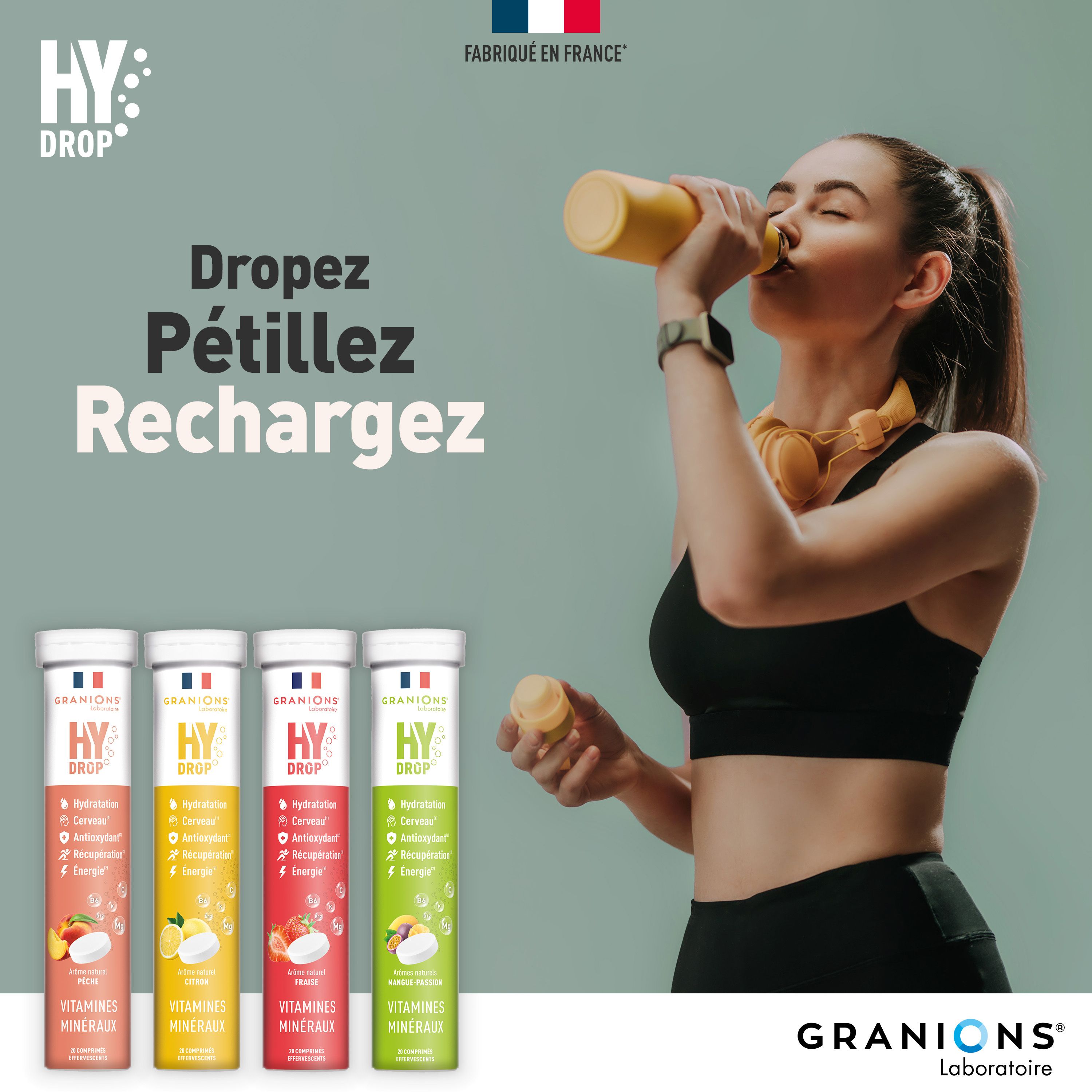 Personne buvant d'une bouteille. Inscription: HYDROP, Vitamines Minéraux. Quatre tubes avec différents goûts.