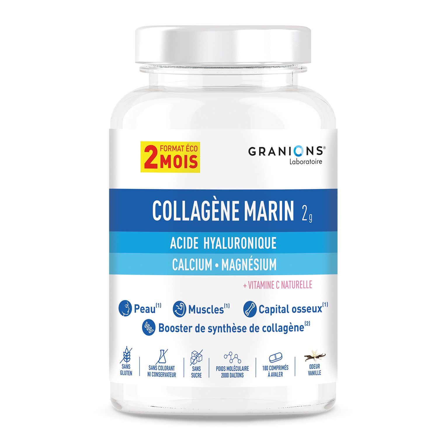 Flacon de Granions Collagène Marin 2g. Étiquette bleue et blanche avec informations produit. 100 comprimés.