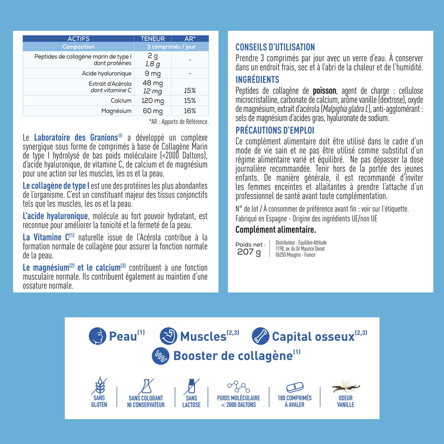 Tableau des ingrédients et conseils d'utilisation. Contient des informations sur les ingrédients et le dosage.