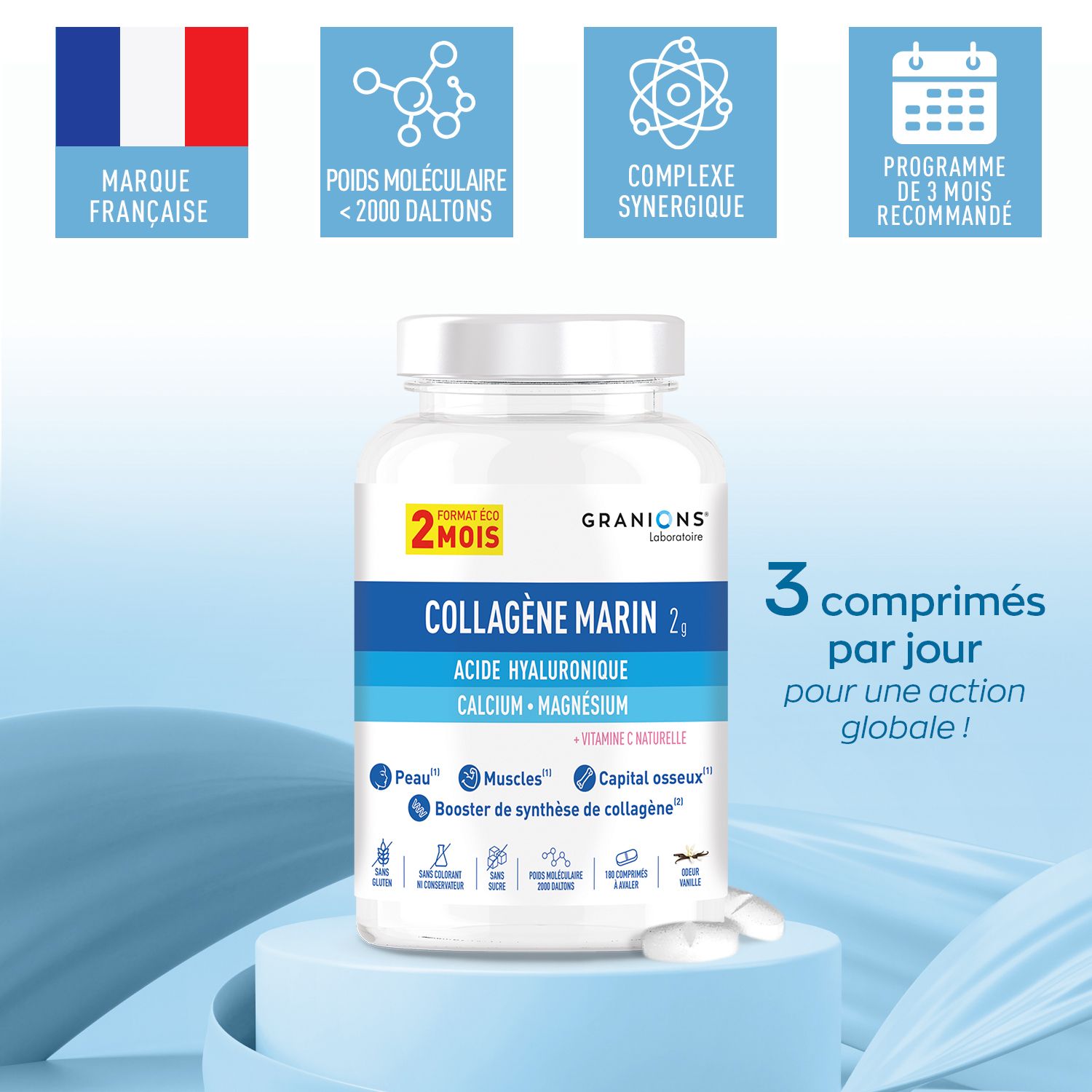 Flacon Granions Collagène Marin 2g. Étiquette bleue et blanche. Drapeau français et symboles.