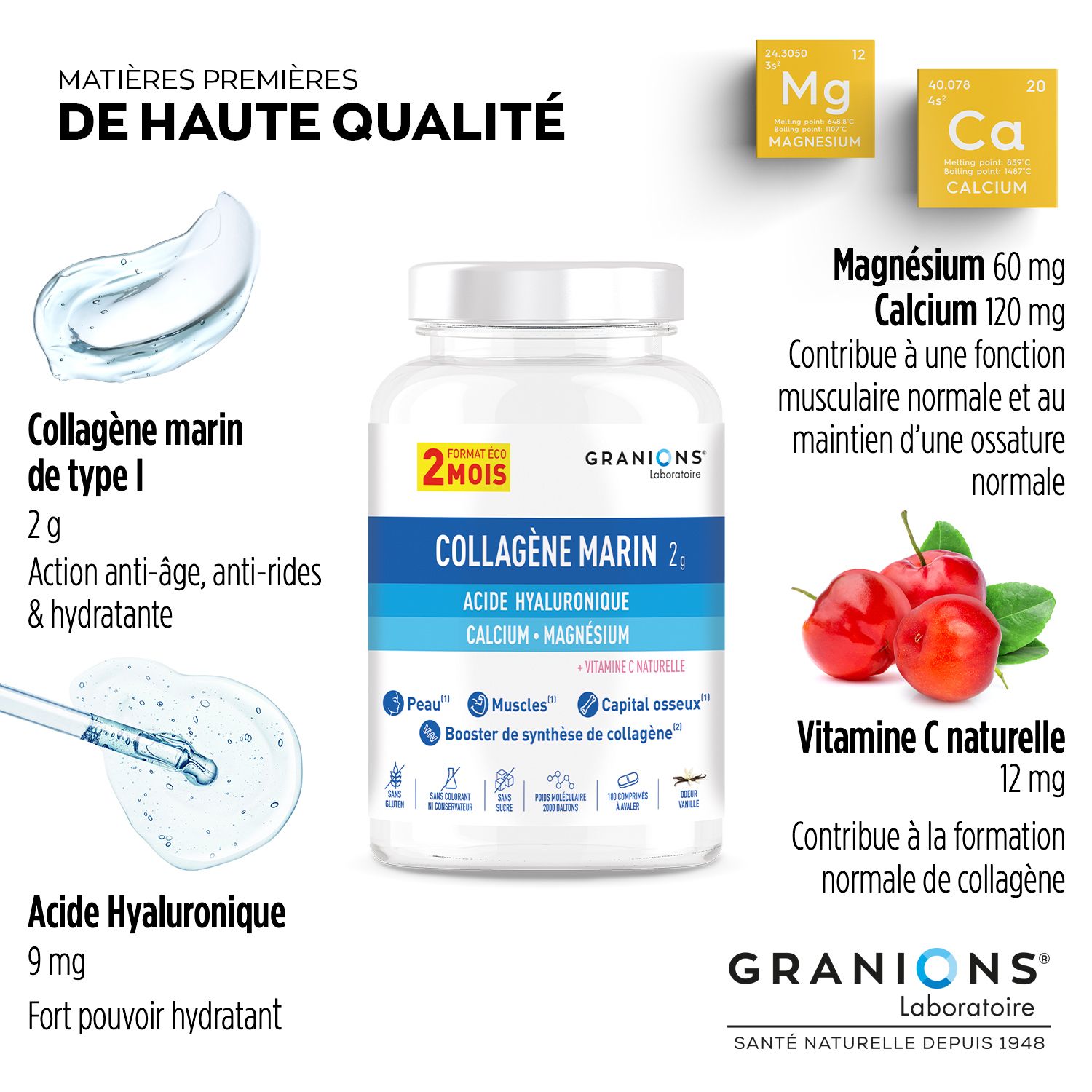 Flacon Granions Collagène Marin 2g. Étiquette bleue et blanche. Ingrédients : collagène marin, acide hyaluronique, calcium, magnésium.