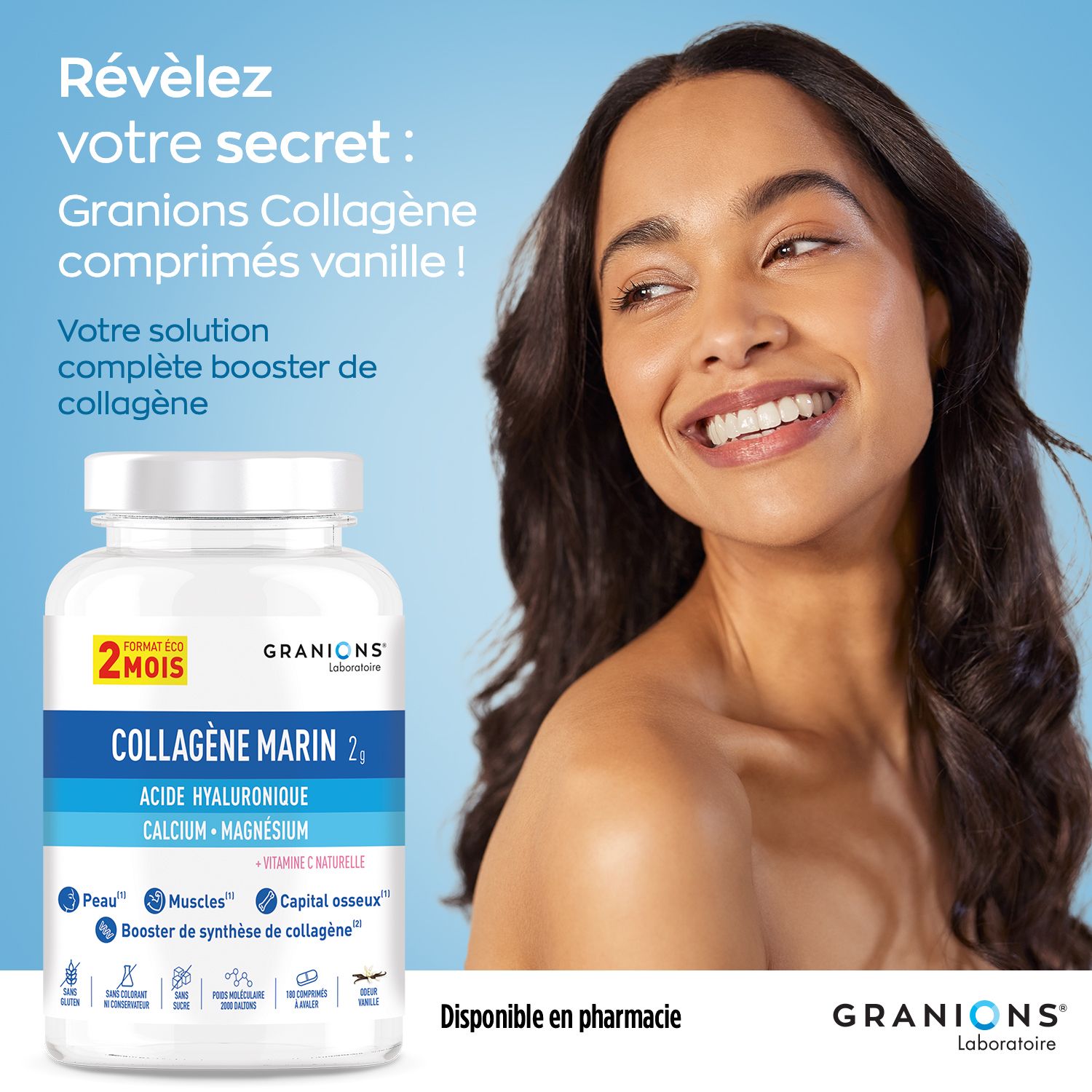 Femme souriante. Flacon Granions Collagène Marin 2g. Étiquette bleue et blanche. Texte : Collagène Marin, Acide Hyaluronique, Calcium, Magnésium.