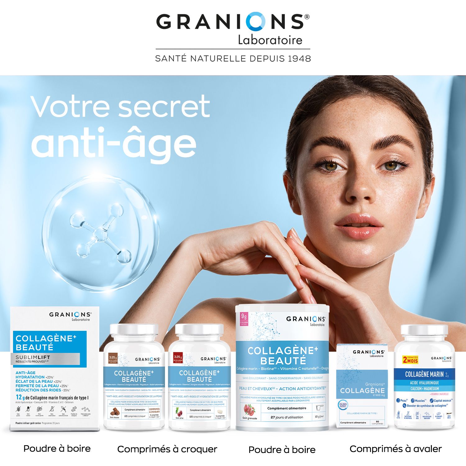 Différents produits Granions Collagène. Flacons et comprimés. Emballage bleu et blanc.