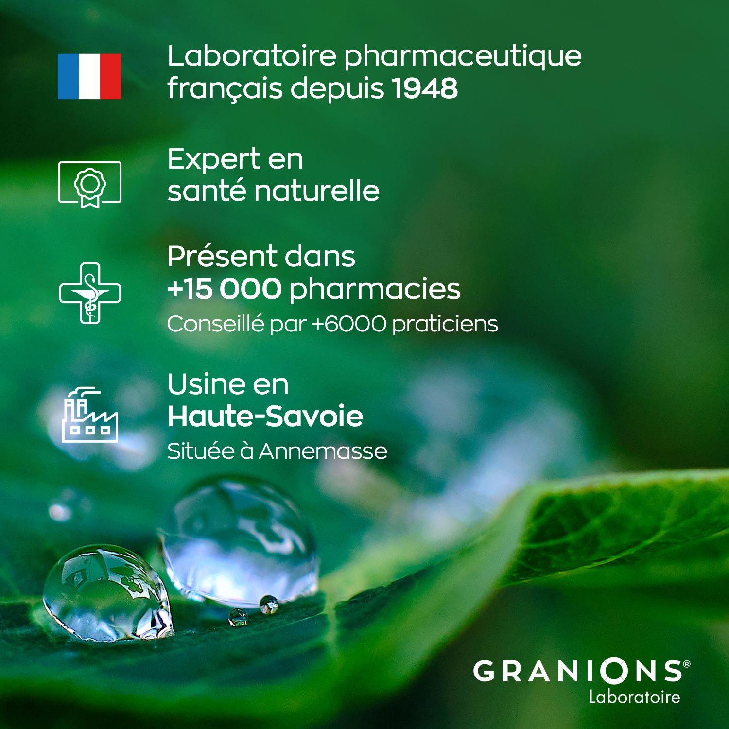 Drapeau français et texte : Laboratoire pharmaceutique français depuis 1948. Fond vert.