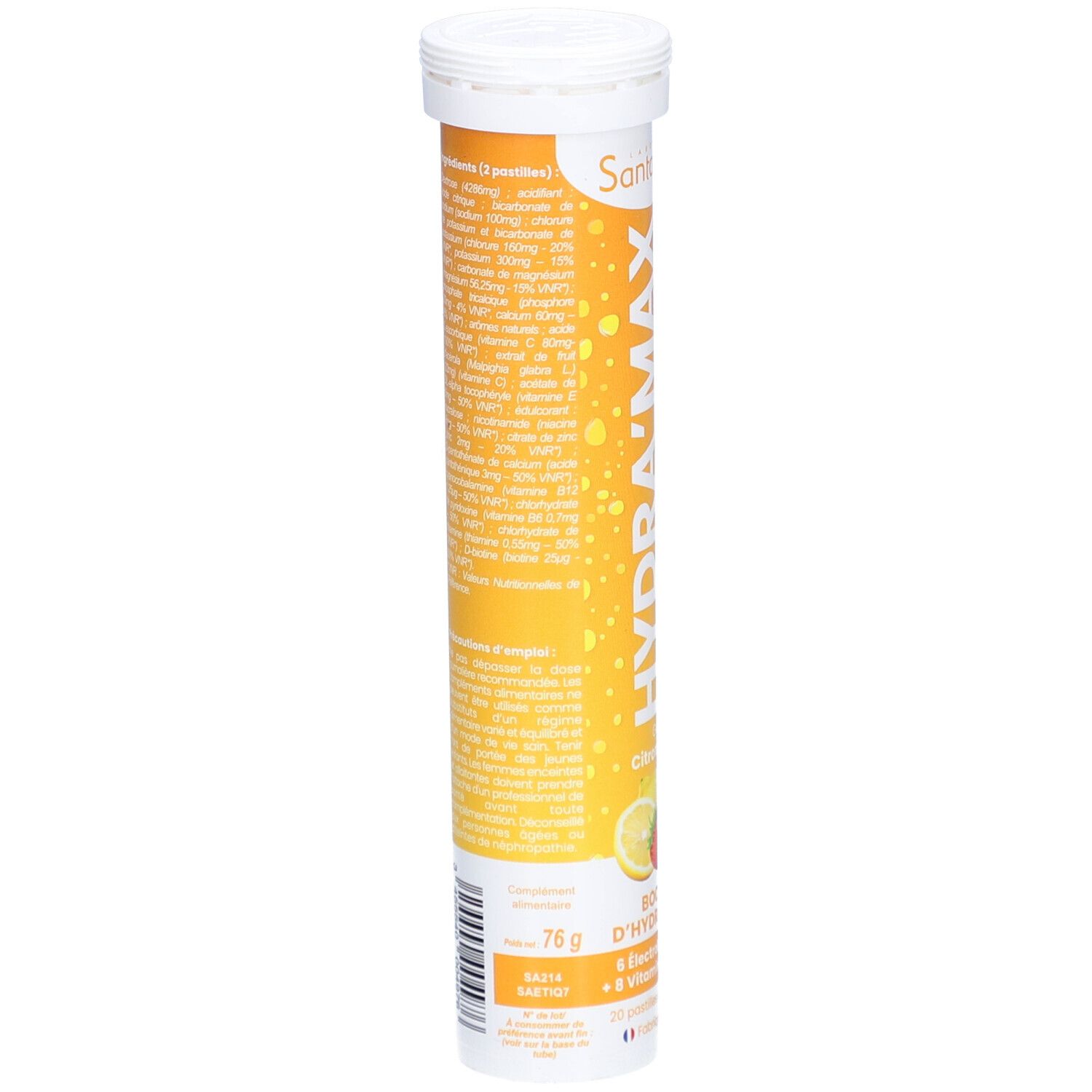 Tube cylindrique avec informations produit. Contient ingrédients, informations nutritionnelles et poids. Marque Santarome. Fond jaune avec texte.