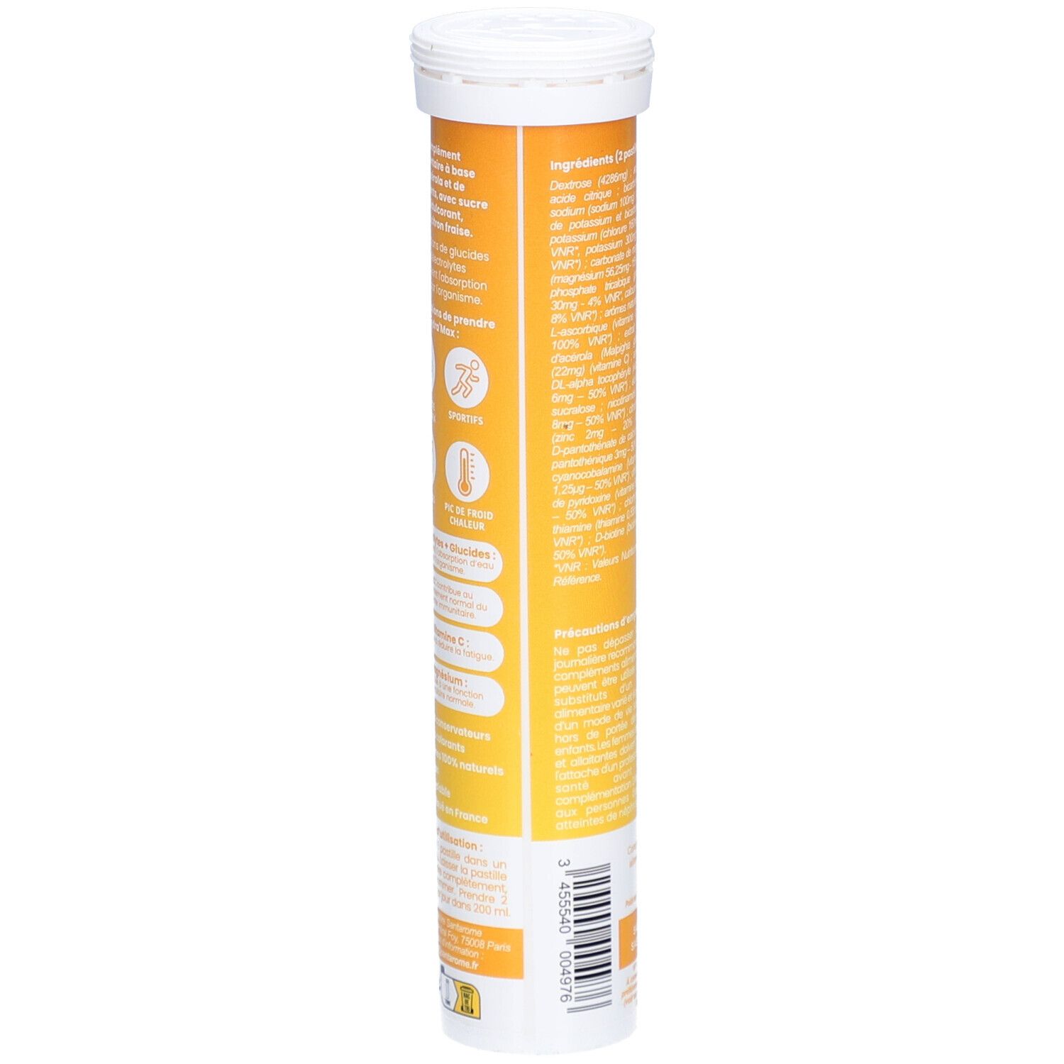 Tube cylindrique avec informations produit. Contient ingrédients, informations nutritionnelles et poids. Marque Santarome. Fond jaune avec texte.