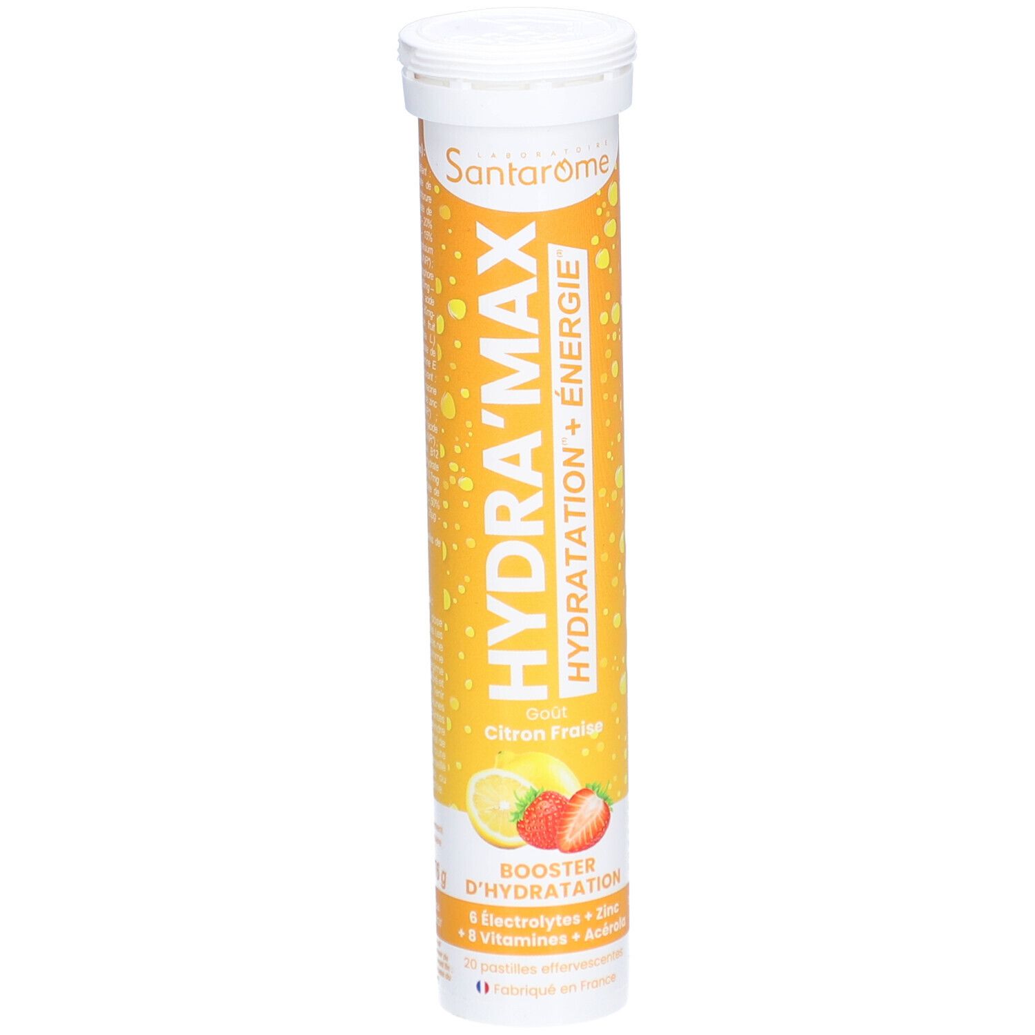 Tube cylindrique Santarome Hydra'Max. Inscription Hydra'Max, citron-fraise. Contient électrolytes, zinc et vitamines. Illustration citron et fraise.