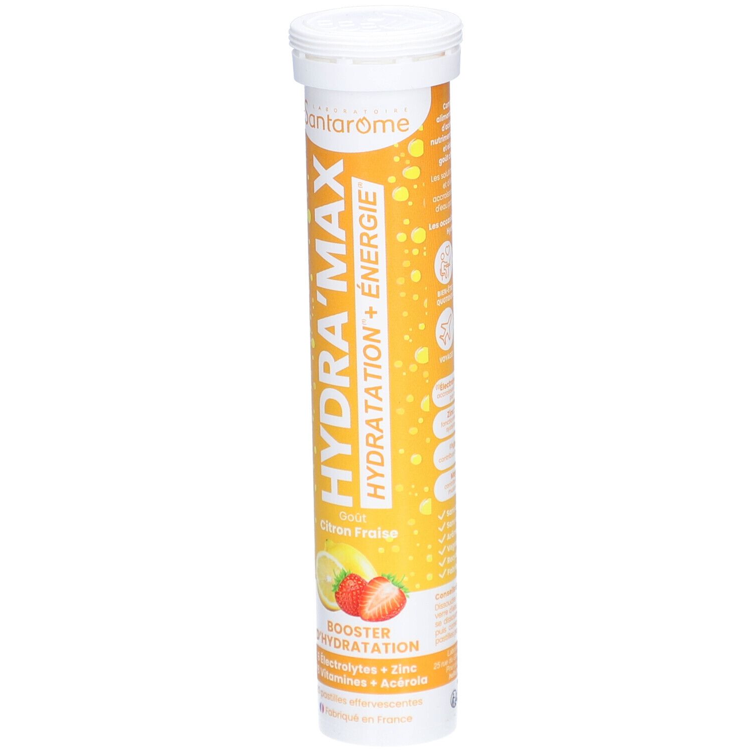 Tube cylindrique Santarome Hydra'Max. Inscription Hydra'Max, citron-fraise. Contient électrolytes, zinc et vitamines. Illustration citron et fraise.