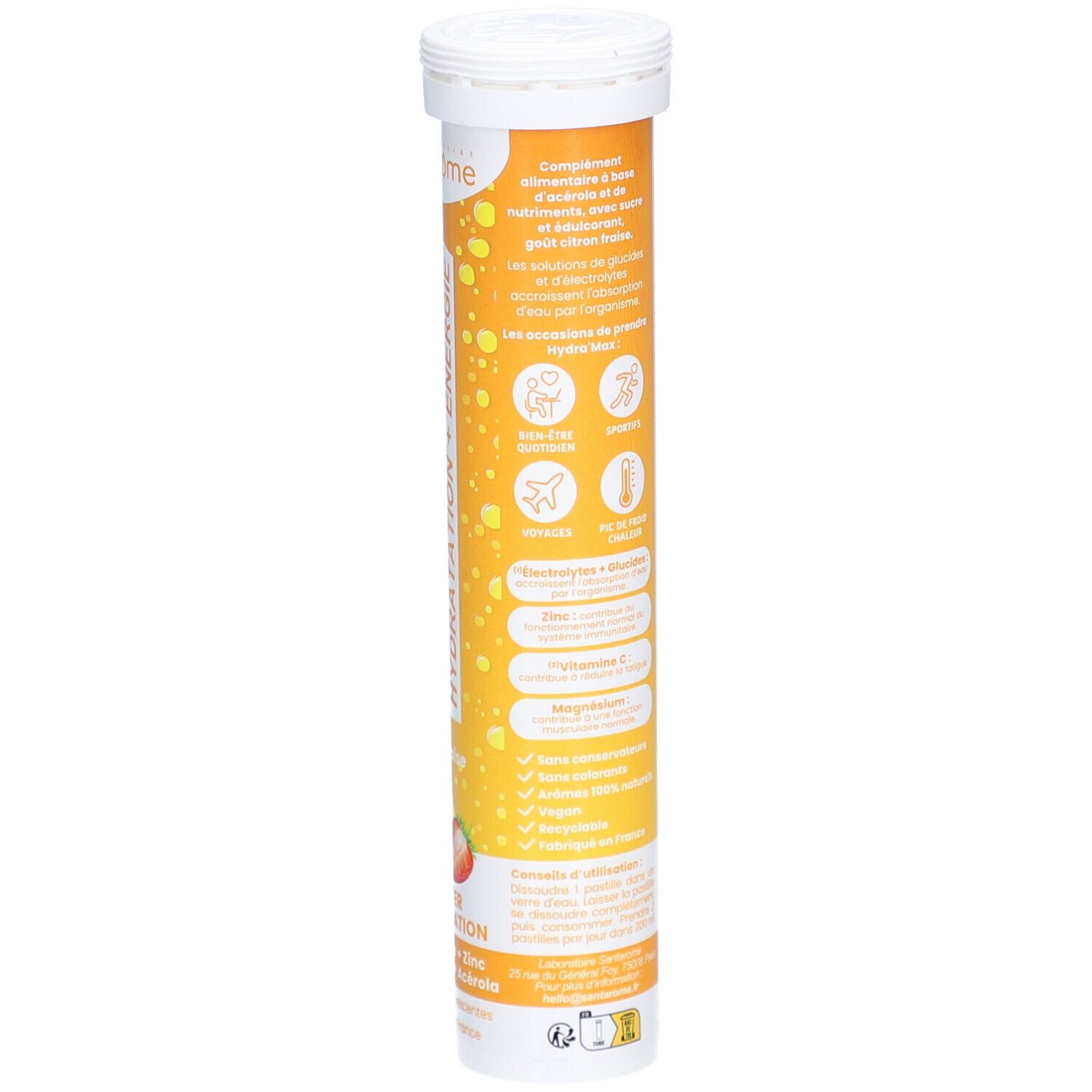 Tube cylindrique avec informations produit. Contient ingrédients, informations nutritionnelles et poids. Marque Santarome. Fond jaune avec texte.