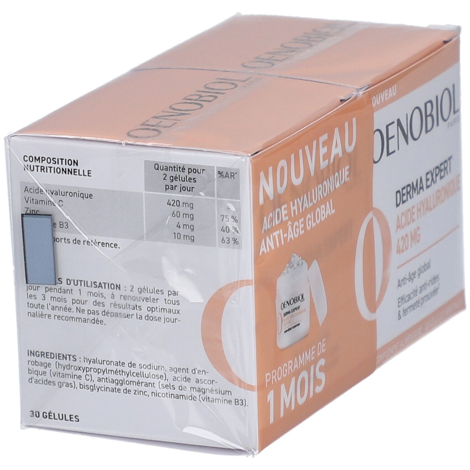 Boîte OENOBIOL. Contient deux boîtes avec informations et l'inscription "DERMA EXPERT ACIDE HYALURONIQUE 420 MG".