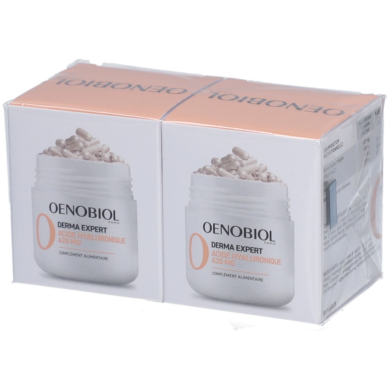 Boîte OENOBIOL. Contient deux boîtes avec gélules et l'inscription "DERMA EXPERT ACIDE HYALURONIQUE 420 MG".