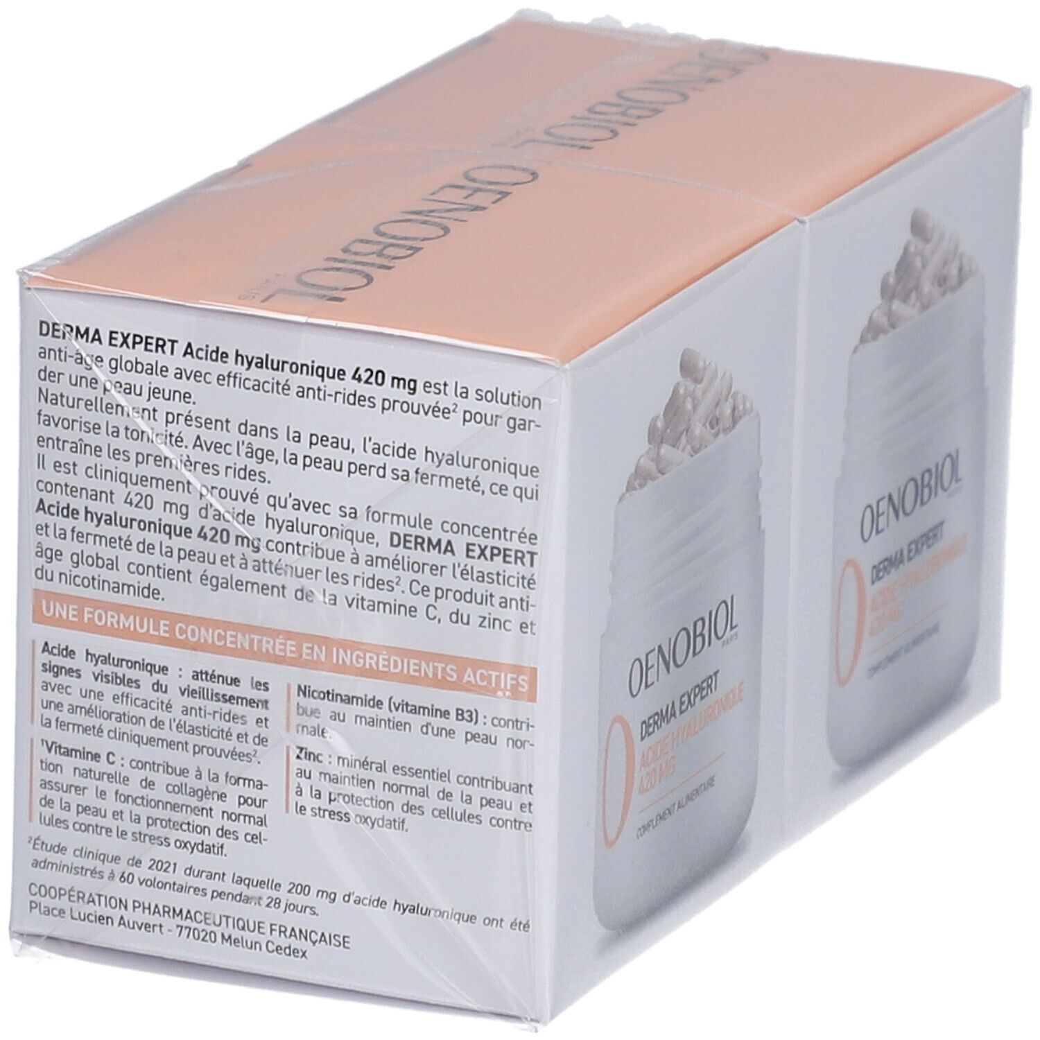 Boîte OENOBIOL. Contient deux boîtes avec texte et gélules. Inscription "DERMA EXPERT ACIDE HYALURONIQUE 420 MG".