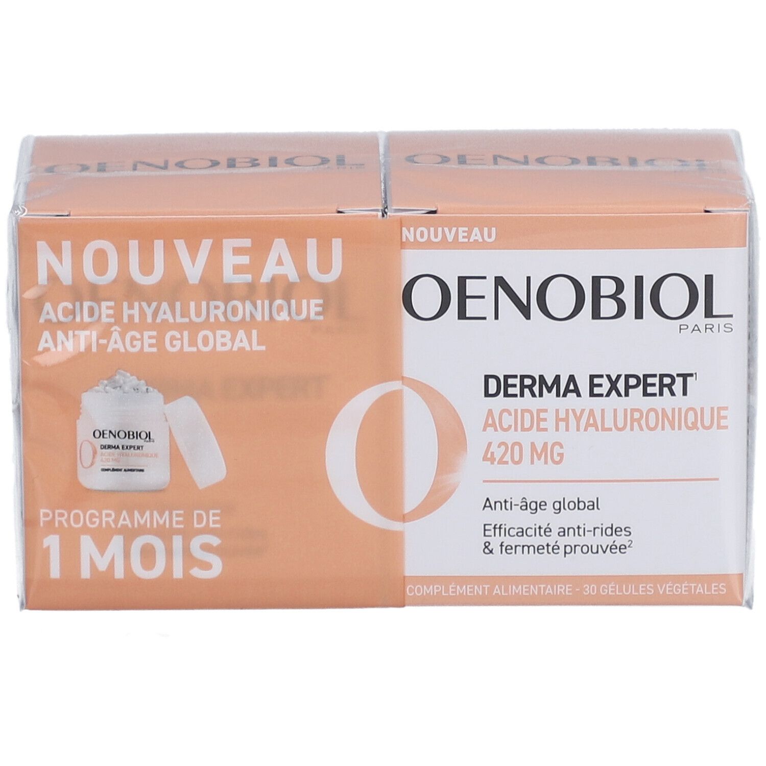 Boîte OENOBIOL. Contient deux boîtes avec l'inscription "DERMA EXPERT ACIDE HYALURONIQUE 420 MG".