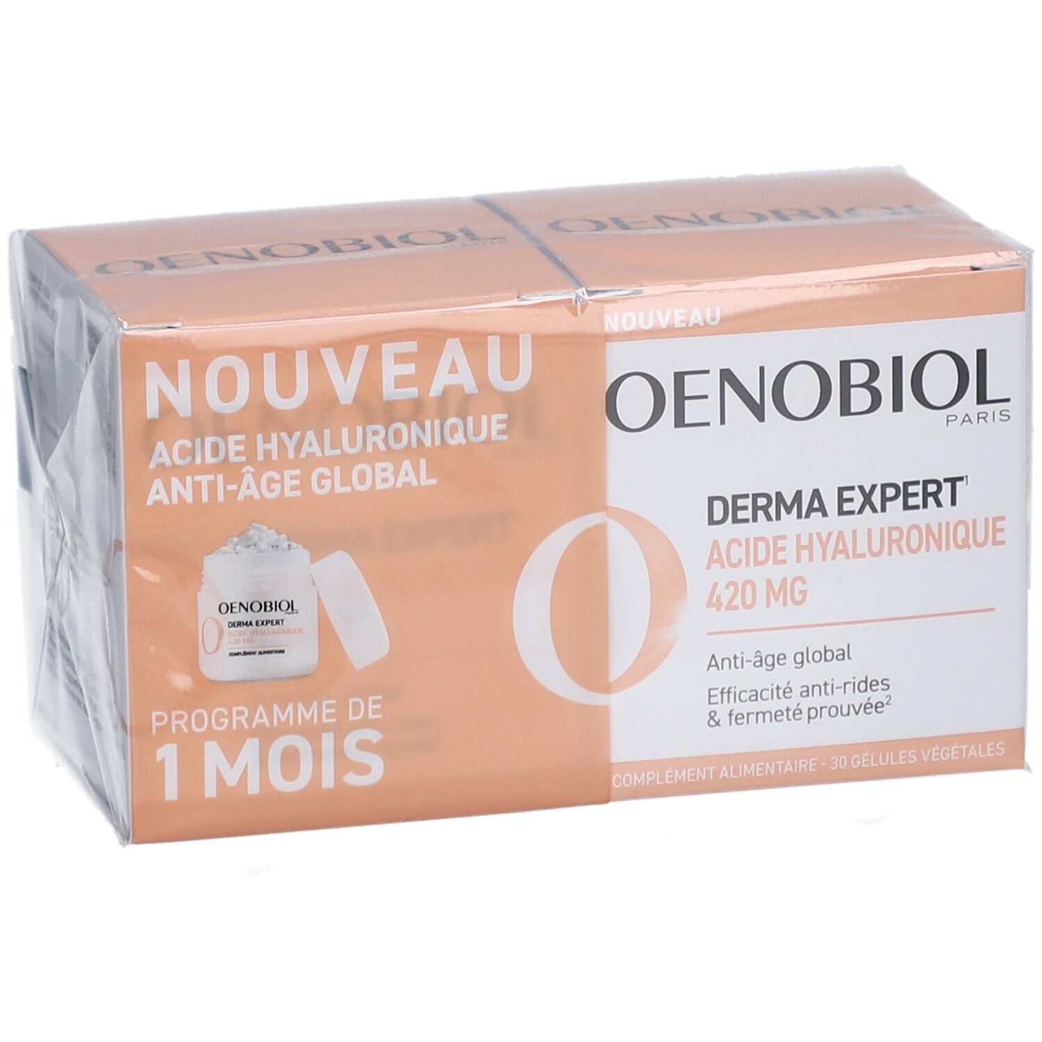 Boîte OENOBIOL. Contient deux boîtes avec l'inscription "DERMA EXPERT ACIDE HYALURONIQUE 420 MG".