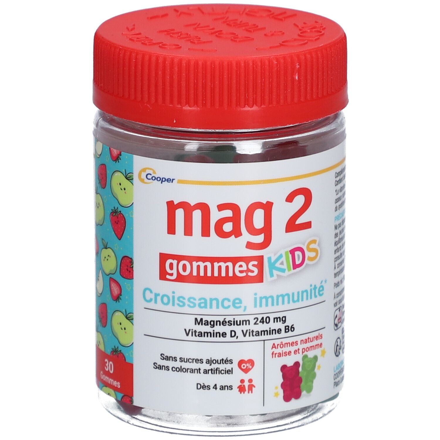 Pot en verre avec bouchon rouge. Étiquette "mag 2 gommes KIDS" et informations. 30 gommes. Pour enfants dès 4 ans.