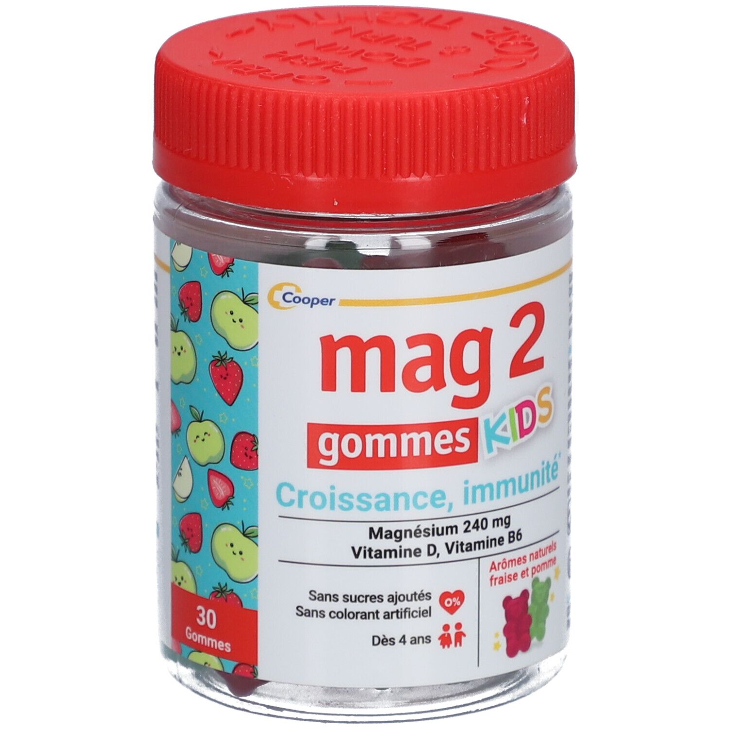 Pot en verre avec bouchon rouge. Étiquette "mag 2 gommes KIDS" et informations. 30 gommes. Pour enfants dès 4 ans.