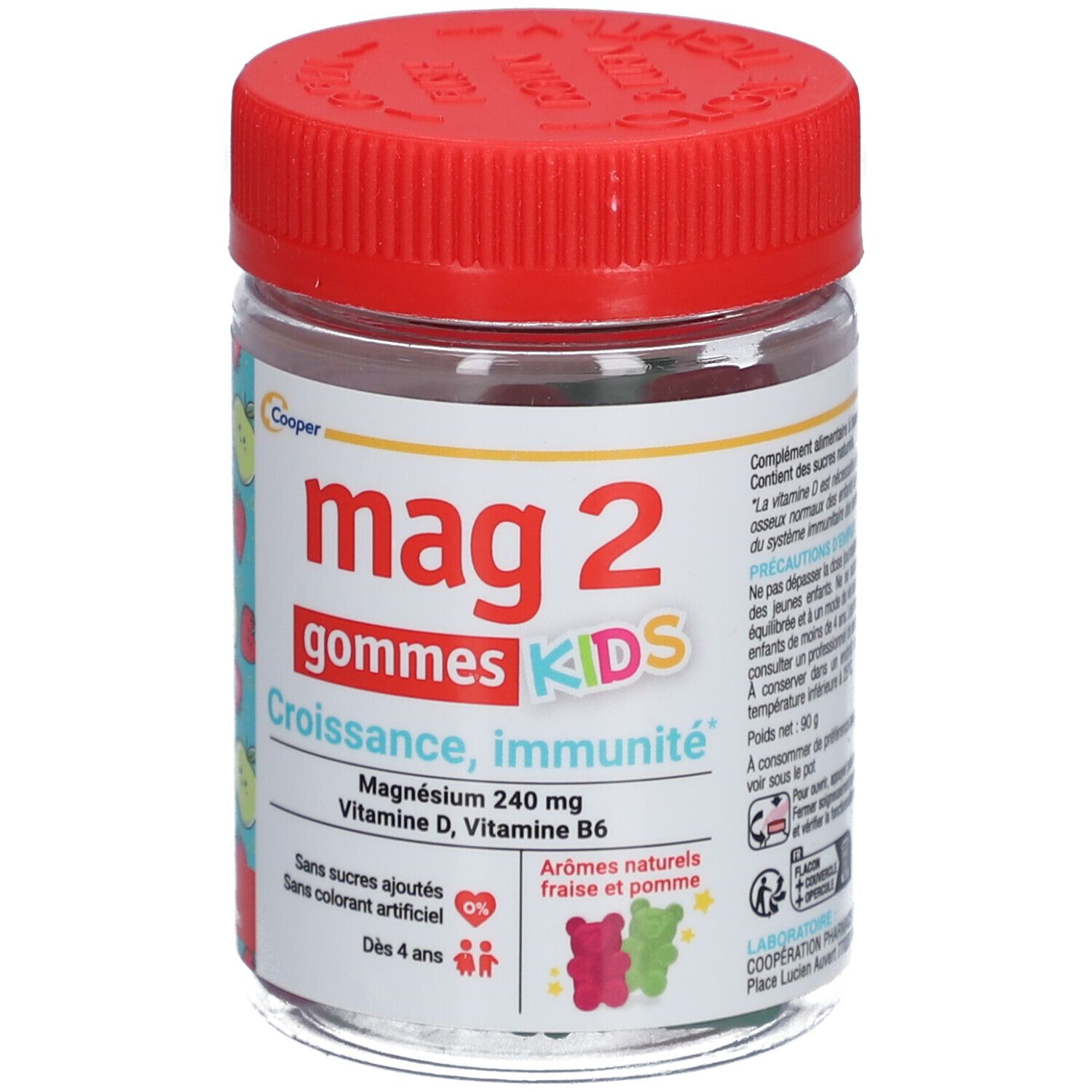 Pot en verre avec bouchon rouge. Étiquette "mag 2 gommes KIDS" et informations. 30 gommes. Pour enfants dès 4 ans.