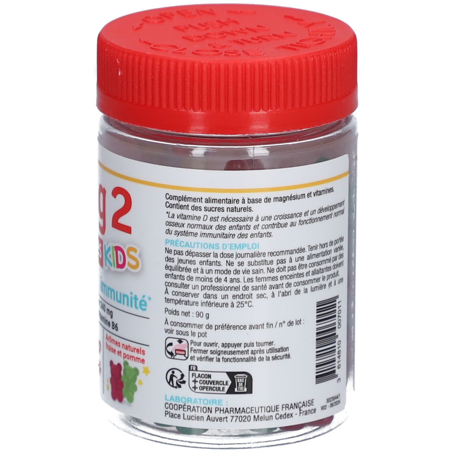 Dos du pot avec bouchon rouge. Étiquette avec informations et avertissements. Pour enfants dès 4 ans.
