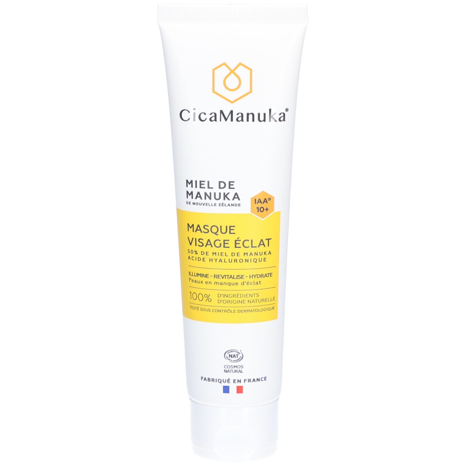 Tube blanc avec étiquette jaune. Inscription : CicaManuka, Miel de Manuka, Masque Visage Éclat. Certification IAA10+. Fabriqué en France.