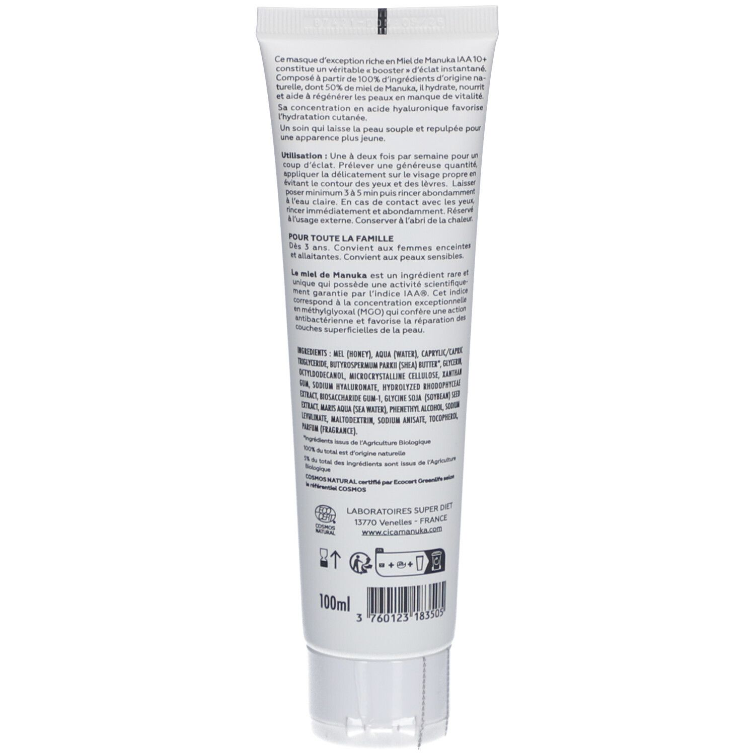 Dos du tube. Texte en français. Ingrédients, instructions d'utilisation et informations du fabricant. 100ml.