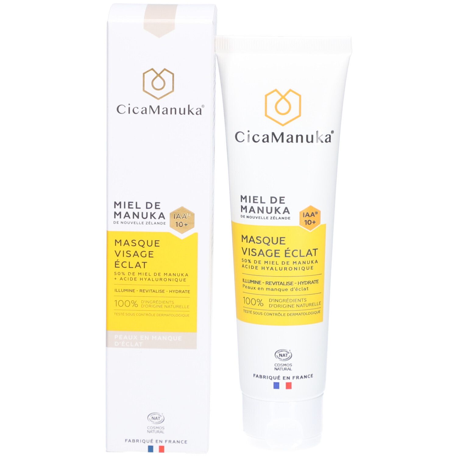 Emballage du produit. Boîte et tube blancs. Inscription : CicaManuka, Miel de Manuka, Masque Visage Éclat. Certification IAA10+. Fabriqué en France.