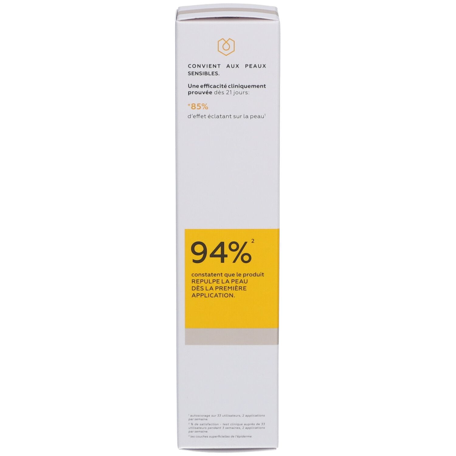 Boîte blanche, texte en français. Contient des informations sur l'efficacité du produit. 85% d'effet après 21 jours.