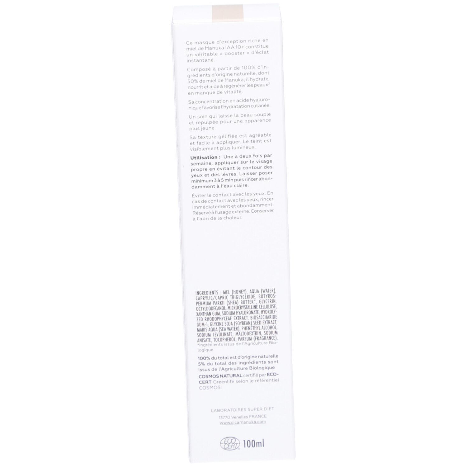 Dos de la boîte. Texte en français. Ingrédients et informations du fabricant. 100ml.