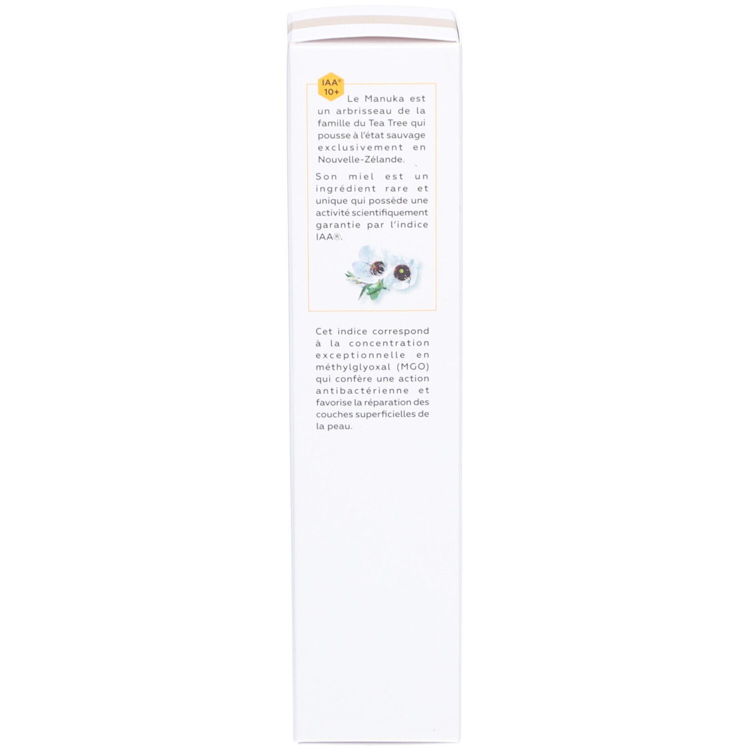 Côté de la boîte. Texte en français. Informations sur le miel de Manuka et la certification IAA10+.