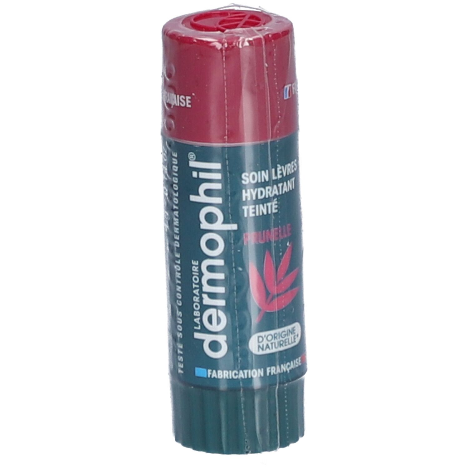 Lippenbalsam in Stiftform, verpackt. Marke Dermophil, Text: Soin Lèvres Hydratant Teinté, Pflaume.