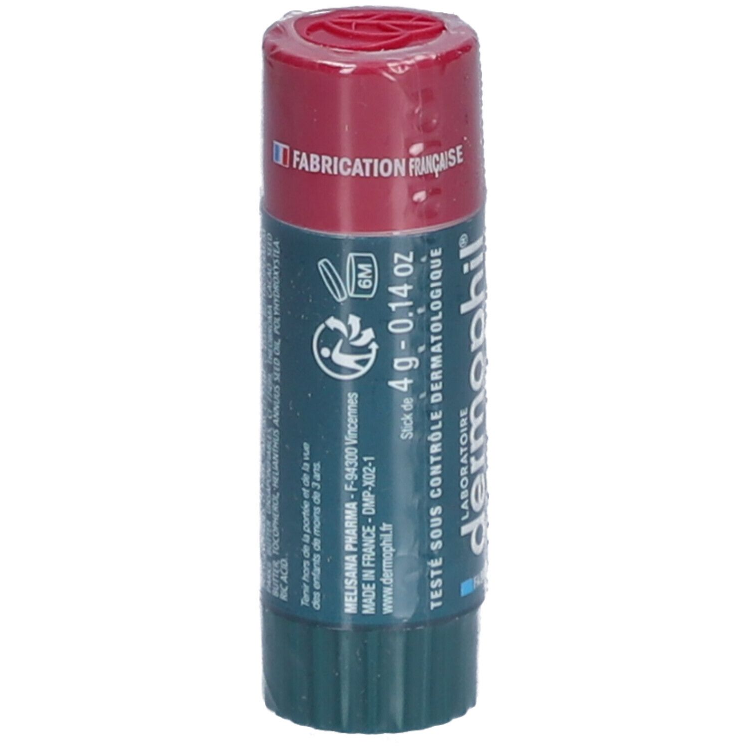Lippenbalsam-Stift, verpackt. Marke Dermophil. Text: 4g - 0,14 oz. Hergestellt in Frankreich.
