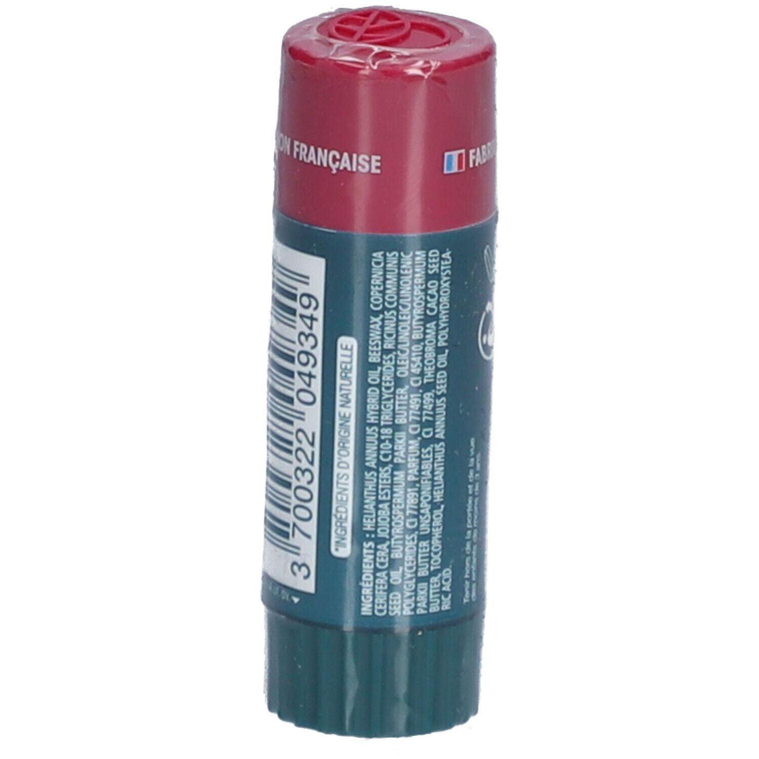 Lippenbalsam-Stift, verpackt. Rückseite mit Inhaltsstoffen und Barcode. Hergestellt in Frankreich.