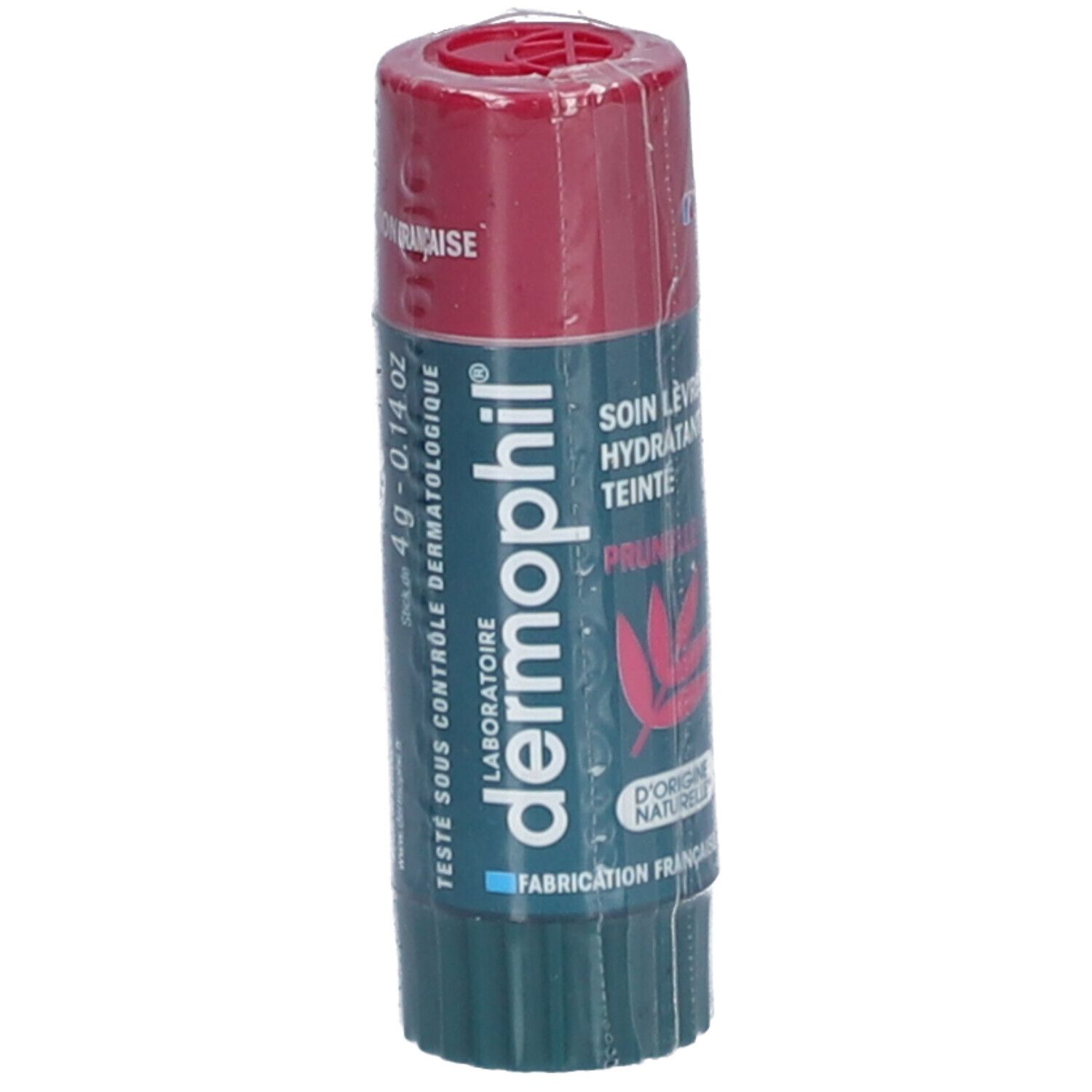 Lippenbalsam-Stift, verpackt. Marke Dermophil, Text: Soin Lèvres Hydratant Teinté, Pflaume.