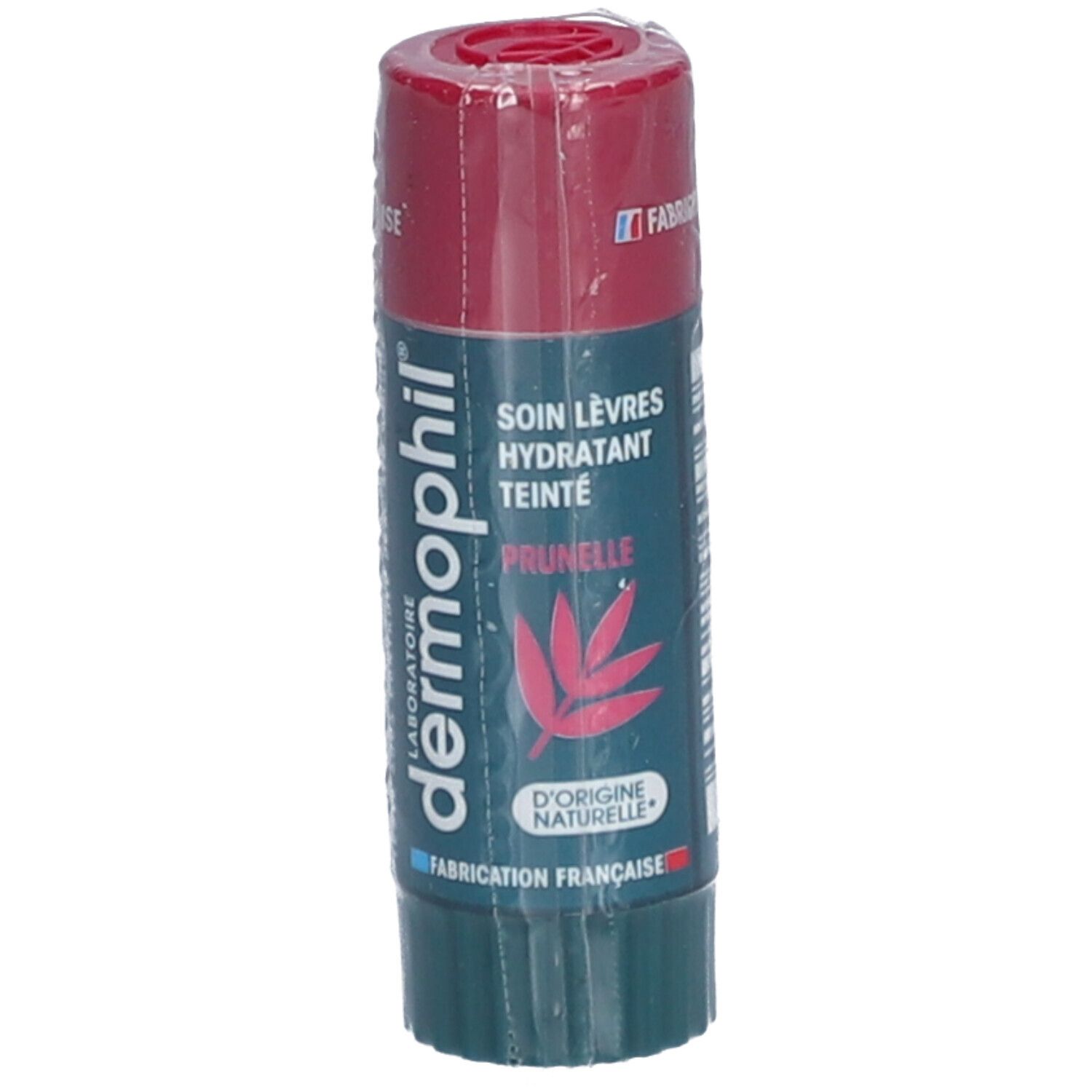Lippenbalsam-Stift, verpackt. Marke Dermophil, Text: Soin Lèvres Hydratant Teinté, Prunelle.