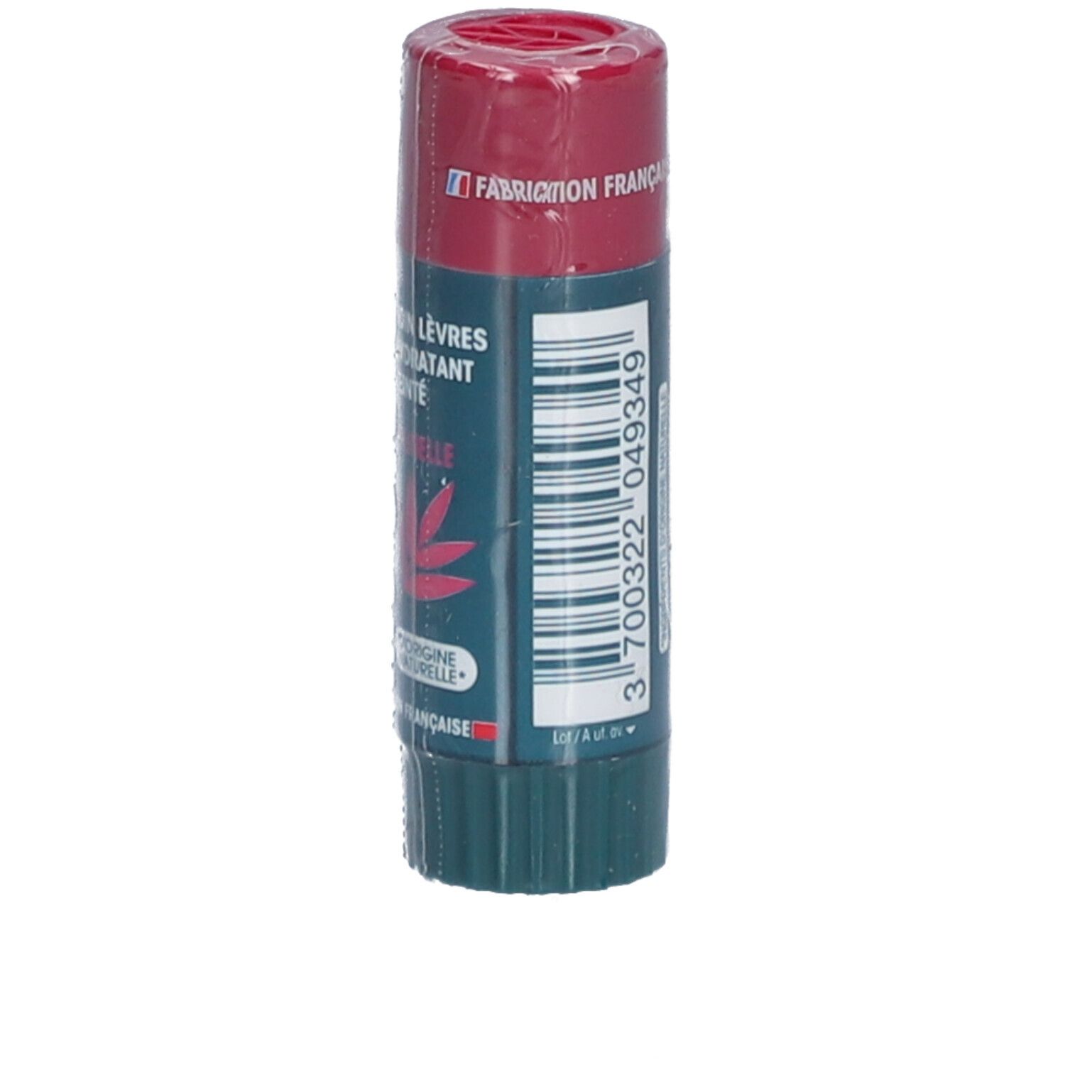 Lippenbalsam-Stift, verpackt. Rückseite mit Text und Barcode. Hergestellt in Frankreich.