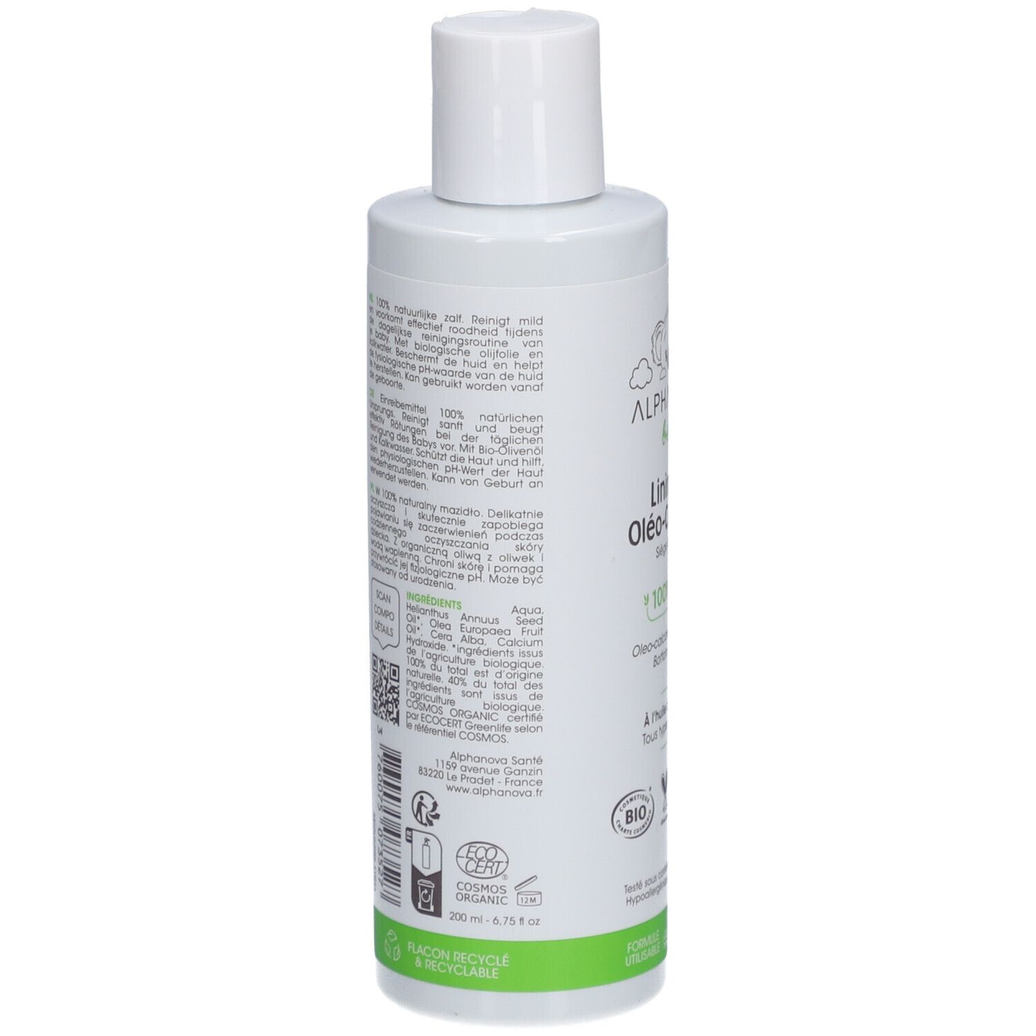 Rückseite der weißen Flasche. Text in mehreren Sprachen. Inhaltsstoffe, QR-Code, Recycling-Logo, Bio-Zertifizierung.