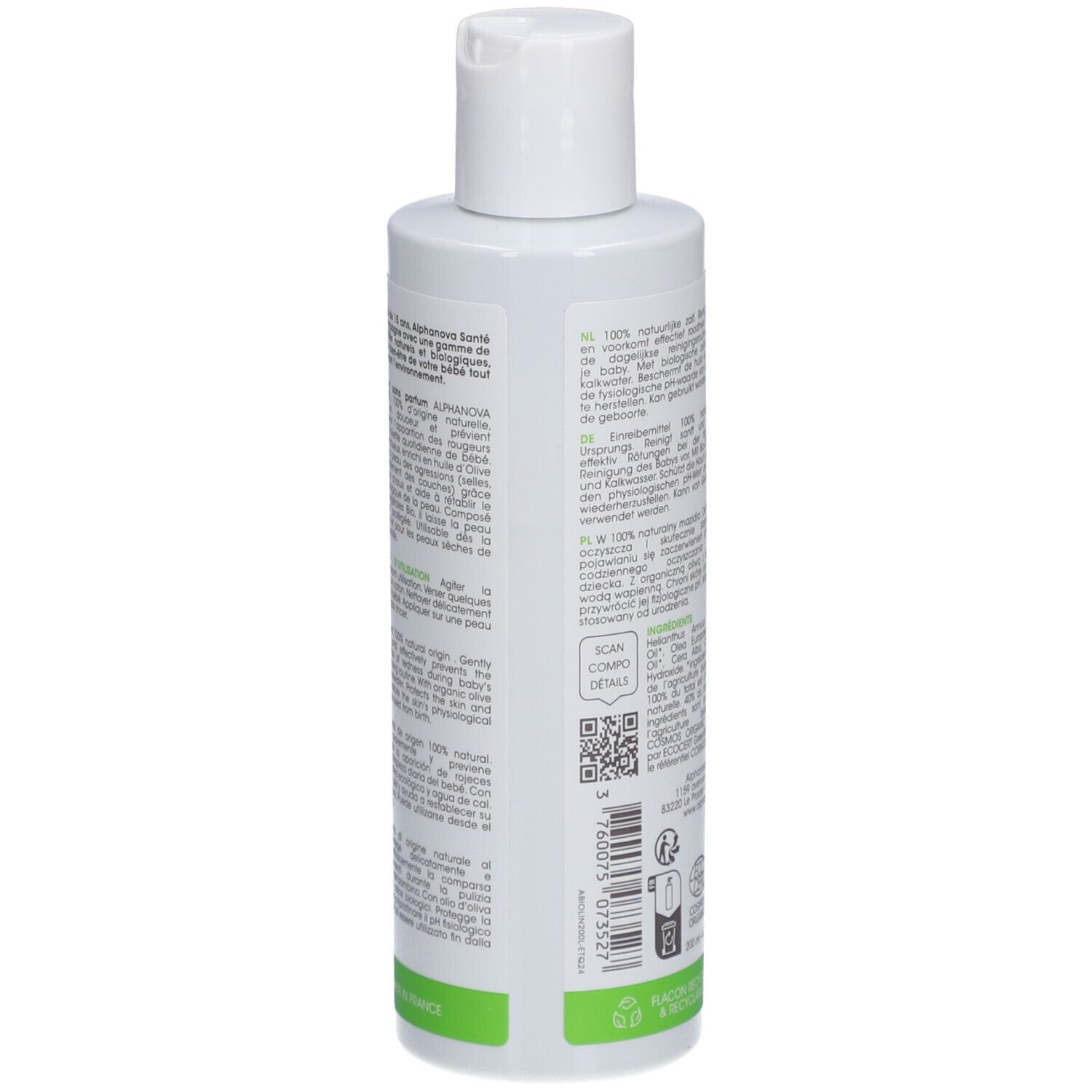 Rückseite der weißen Flasche. Text in mehreren Sprachen. Inhaltsstoffe, QR-Code, Recycling-Logo, Bio-Zertifizierung.
