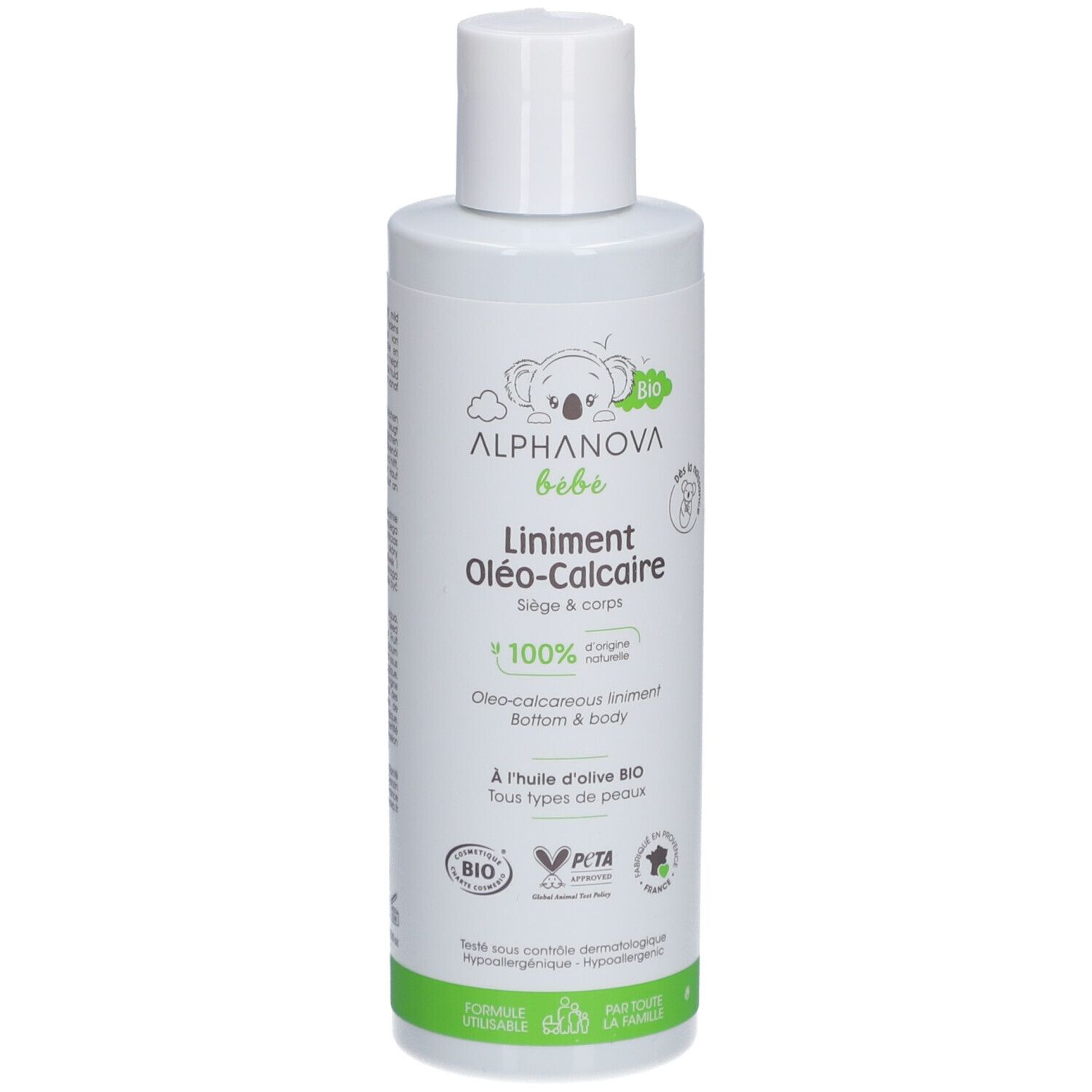 Weiße Flasche mit grünem Etikett. Aufschrift: ALPHANOVA bébé, Liniment Oléo-Calcaire. Bio-Zertifizierung.