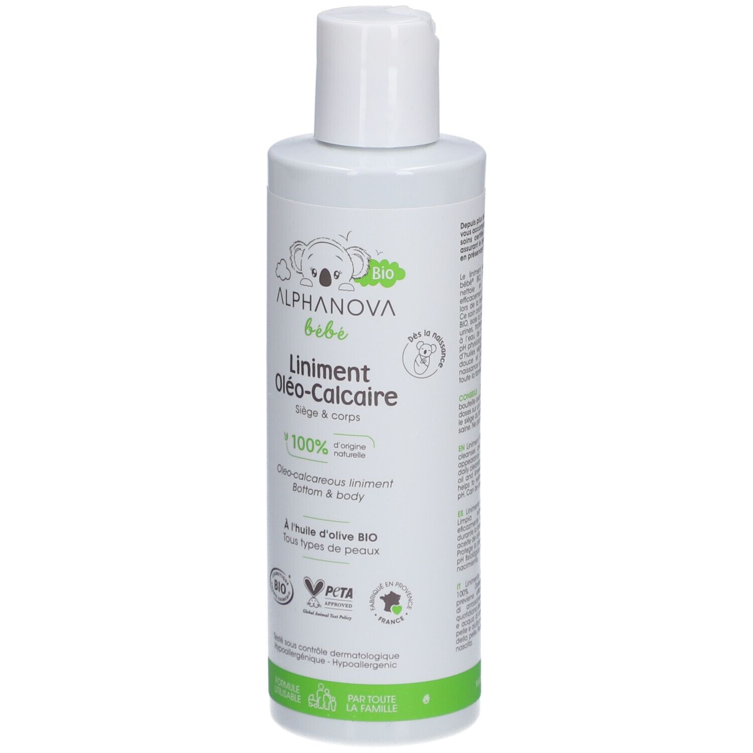 Weiße Flasche mit grünem Etikett. Aufschrift: ALPHANOVA bébé, Liniment Oléo-Calcaire. Bio-Zertifizierung.