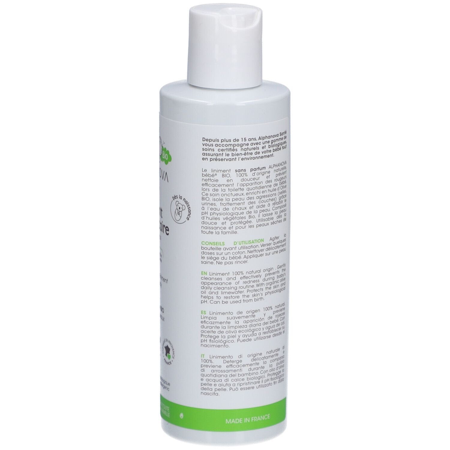Rückseite der weißen Flasche. Text in mehreren Sprachen. Inhaltsstoffe, QR-Code, Recycling-Logo, Bio-Zertifizierung.